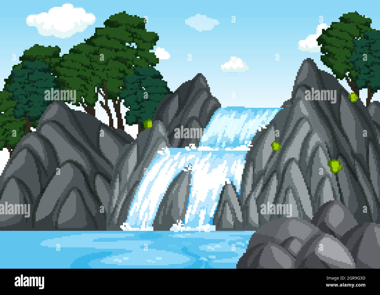 Scena di sfondo foresta con cascata Illustrazione Vettoriale