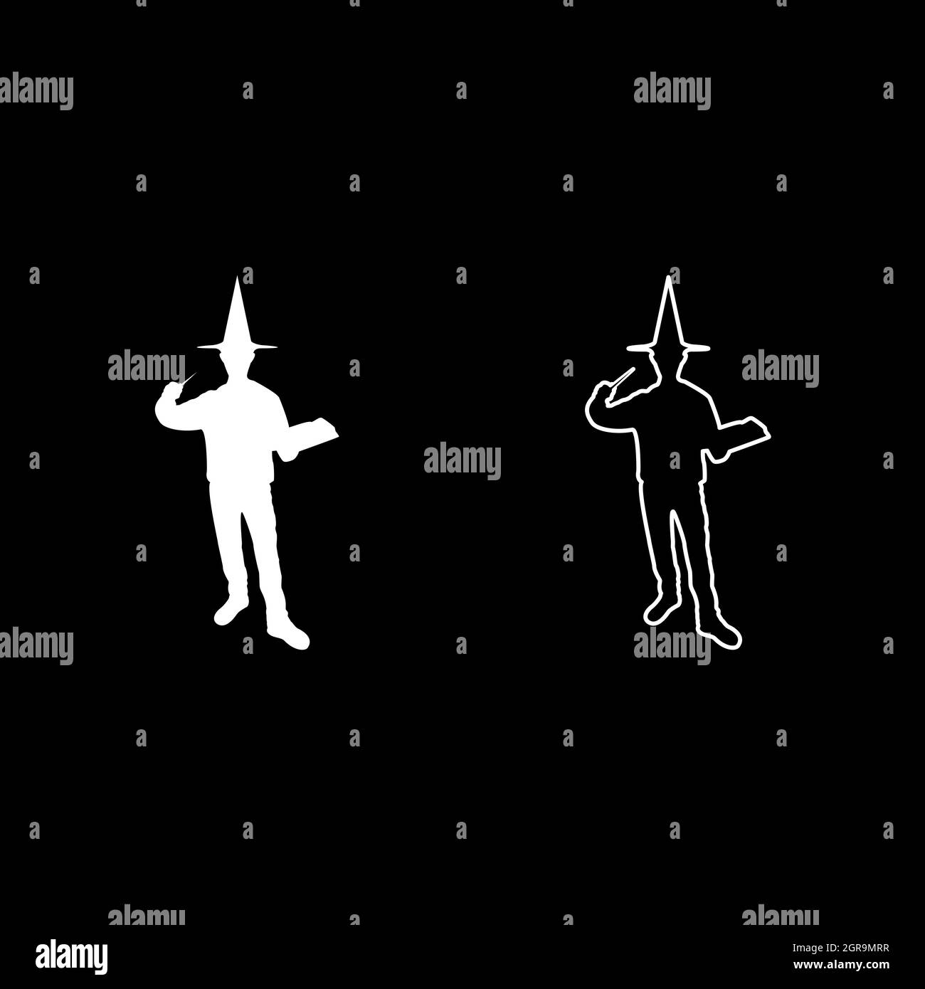 Il mago tiene il libro di trucco della bacchetta magica che ondola concetto di stregoneria Magician Sorcerer Fantasy persona Warlock uomo in accappatoio con bastone magico Witchcraft in cappello mantello Mage conjure Mystery idea Enchantment silhouette bianco colore vettore illustrazione solido stile di contorno Illustrazione Vettoriale