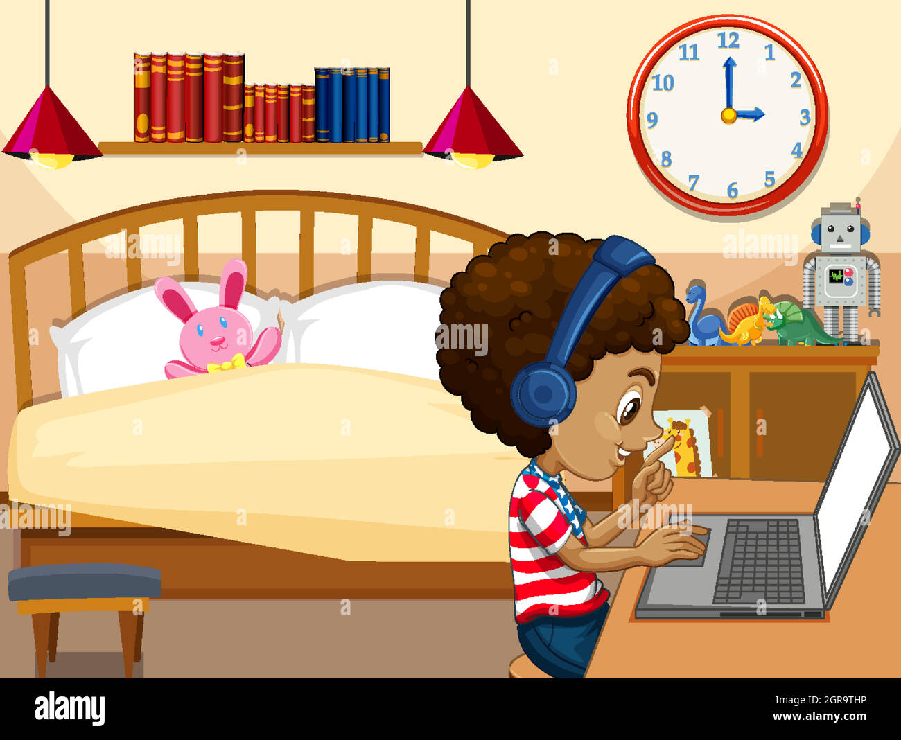 Un ragazzo comunica la videoconferenza con gli amici in camera da letto Illustrazione Vettoriale