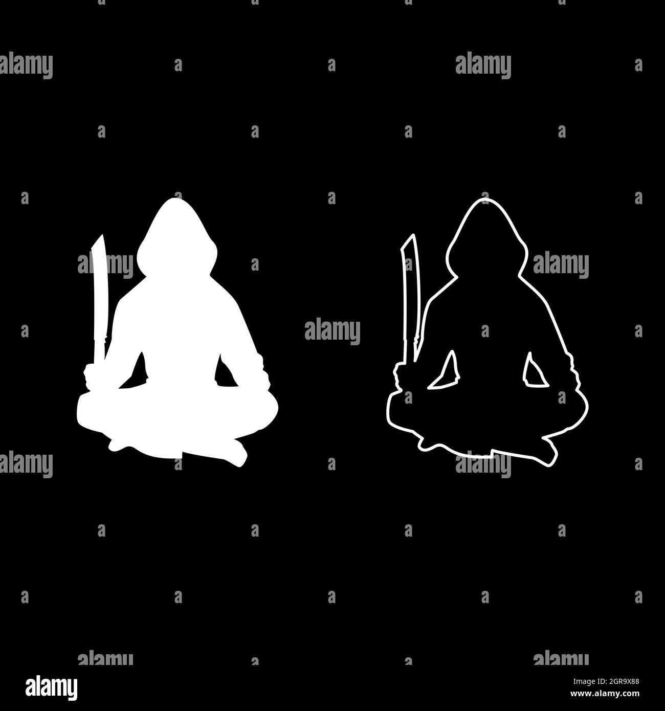 Uomo con machete di spada armi fredde in mano uomo militare Soldier Serviceman in posizioni Hunter con lotta a coltello pone forte difensore concetto armi Lotus posa silhouette bianco colore vettore illustrazione solido contorno stile immagine Illustrazione Vettoriale