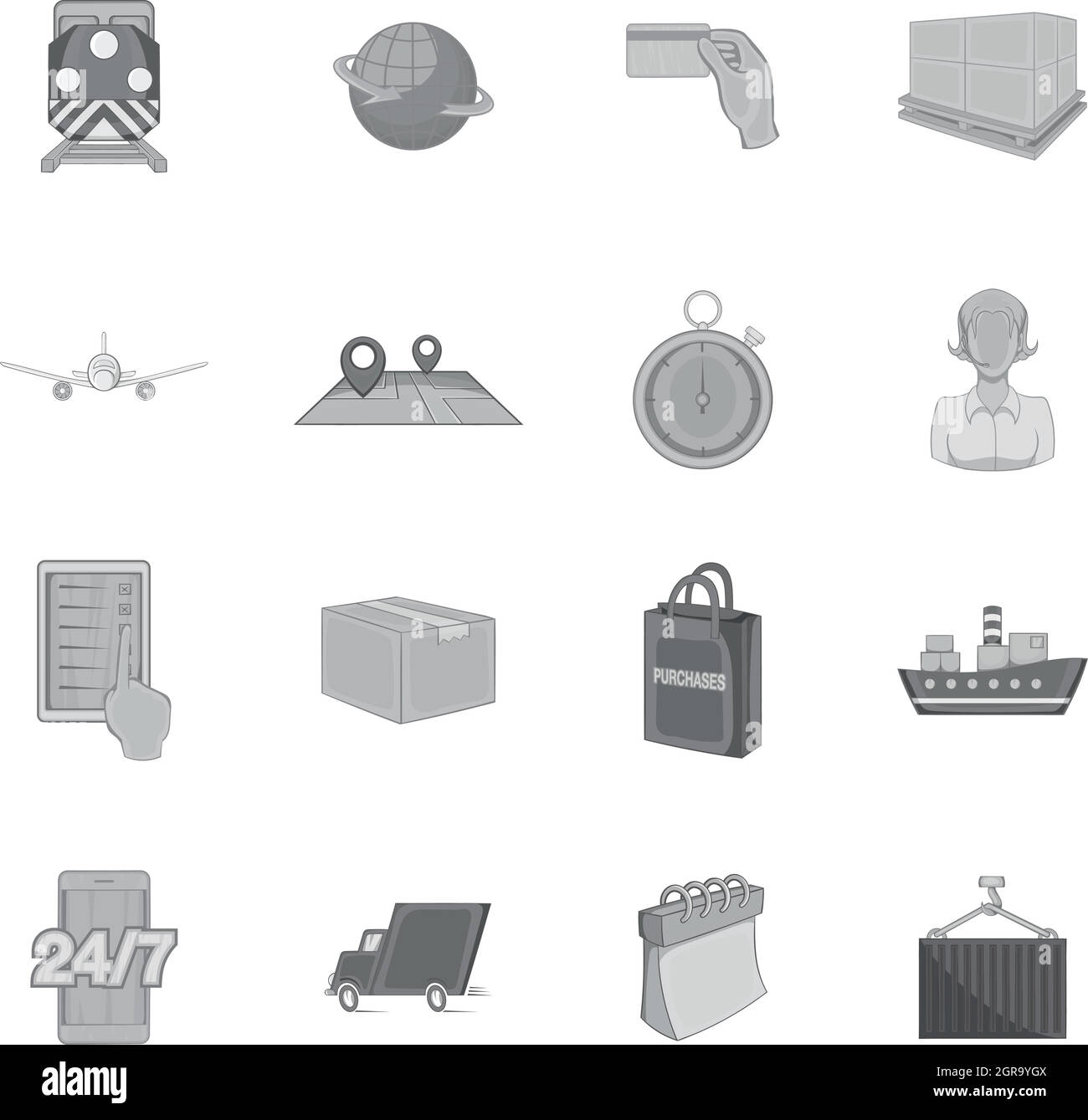 Logistica di set di icone, nero stile monocromatico Illustrazione Vettoriale