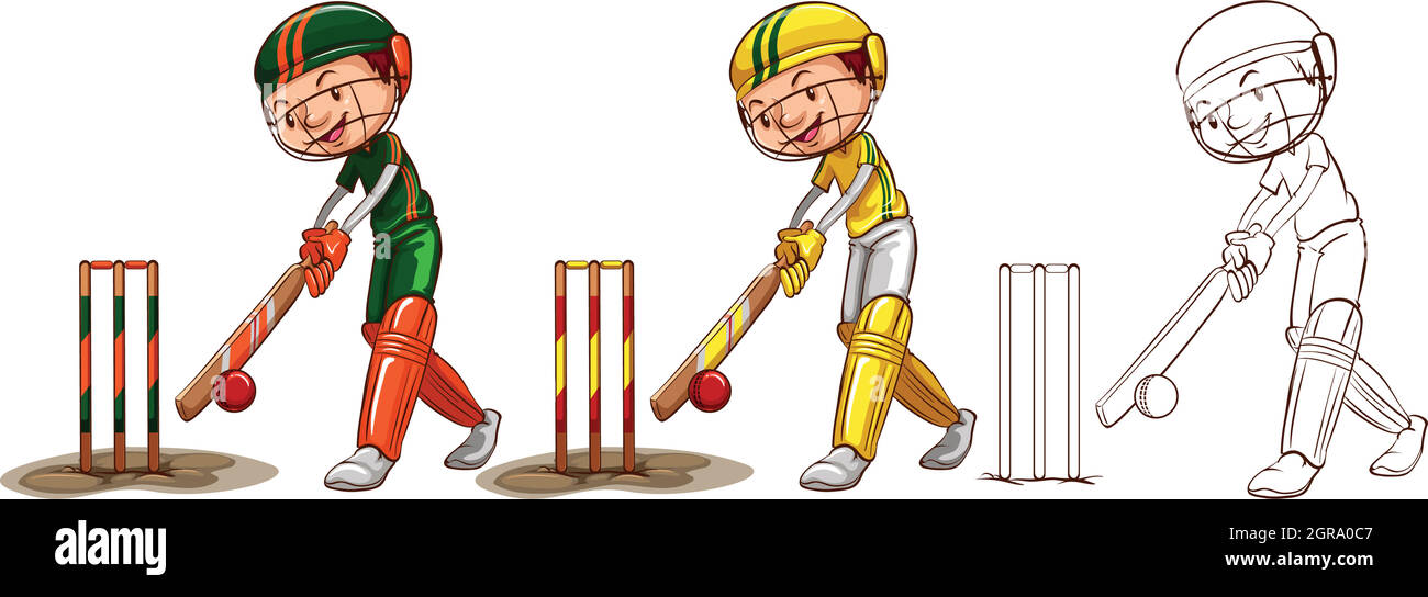 Personaggio Doodle per i giocatori di cricket Illustrazione Vettoriale
