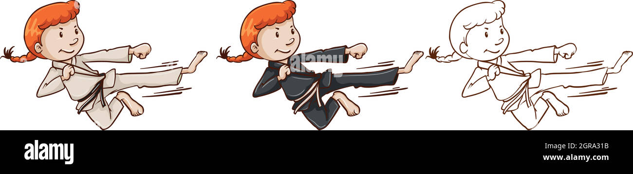 Ragazza che fa taekwando in tre stili di disegno differenti Illustrazione Vettoriale