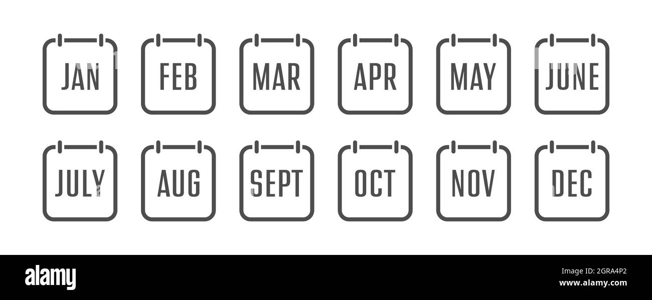 set di icone del calendario con i nomi dei mesi dell'anno. Un calendario con i nomi dei mesi dell'anno. Stile piatto. Illustrazione Vettoriale