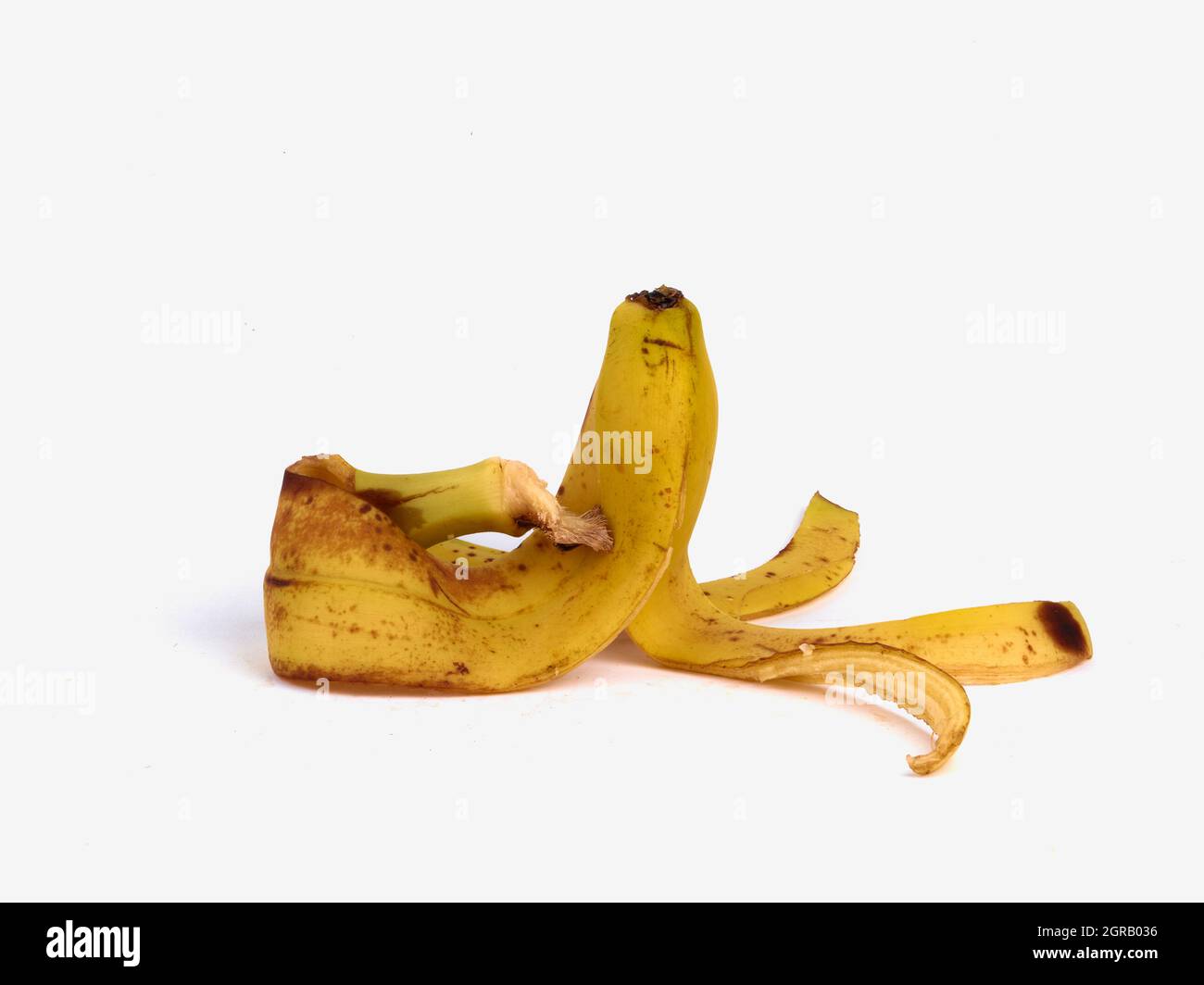 Minimalismo concetto di frutta. Pelle di banana su sfondo bianco. Vista laterale Foto Stock
