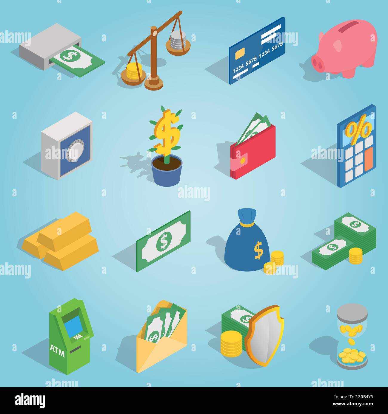 Banca icone set isometrica 3d style Illustrazione Vettoriale