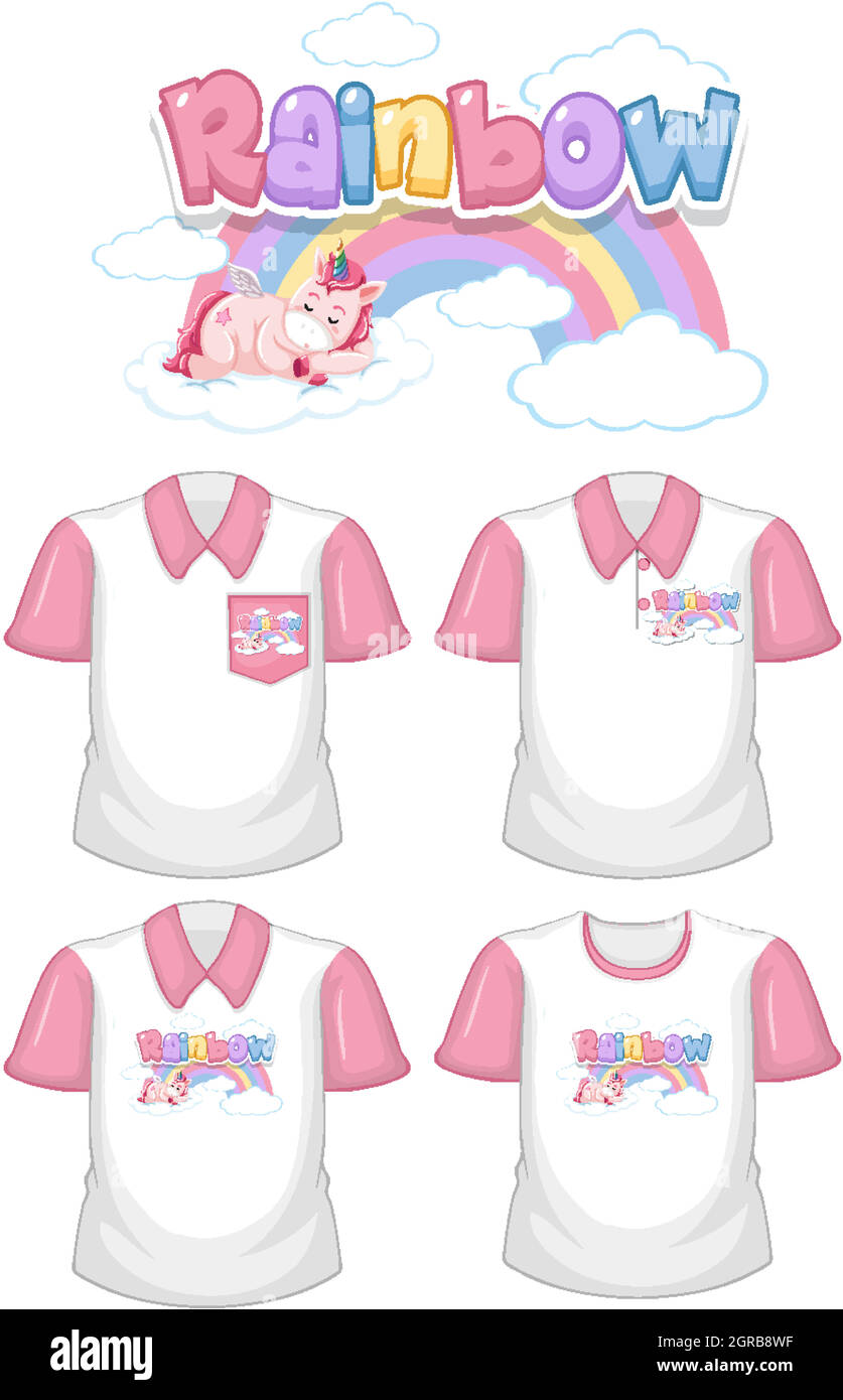 Rainbow con logo unicorno e set di diverse camicie bianche con maniche corte rosa isolate su sfondo bianco Illustrazione Vettoriale