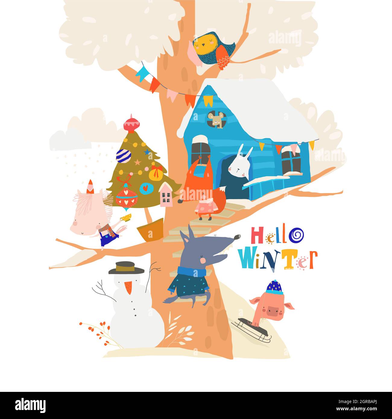Felice Cartoon animali incontro Natale su Treehouse Illustrazione Vettoriale