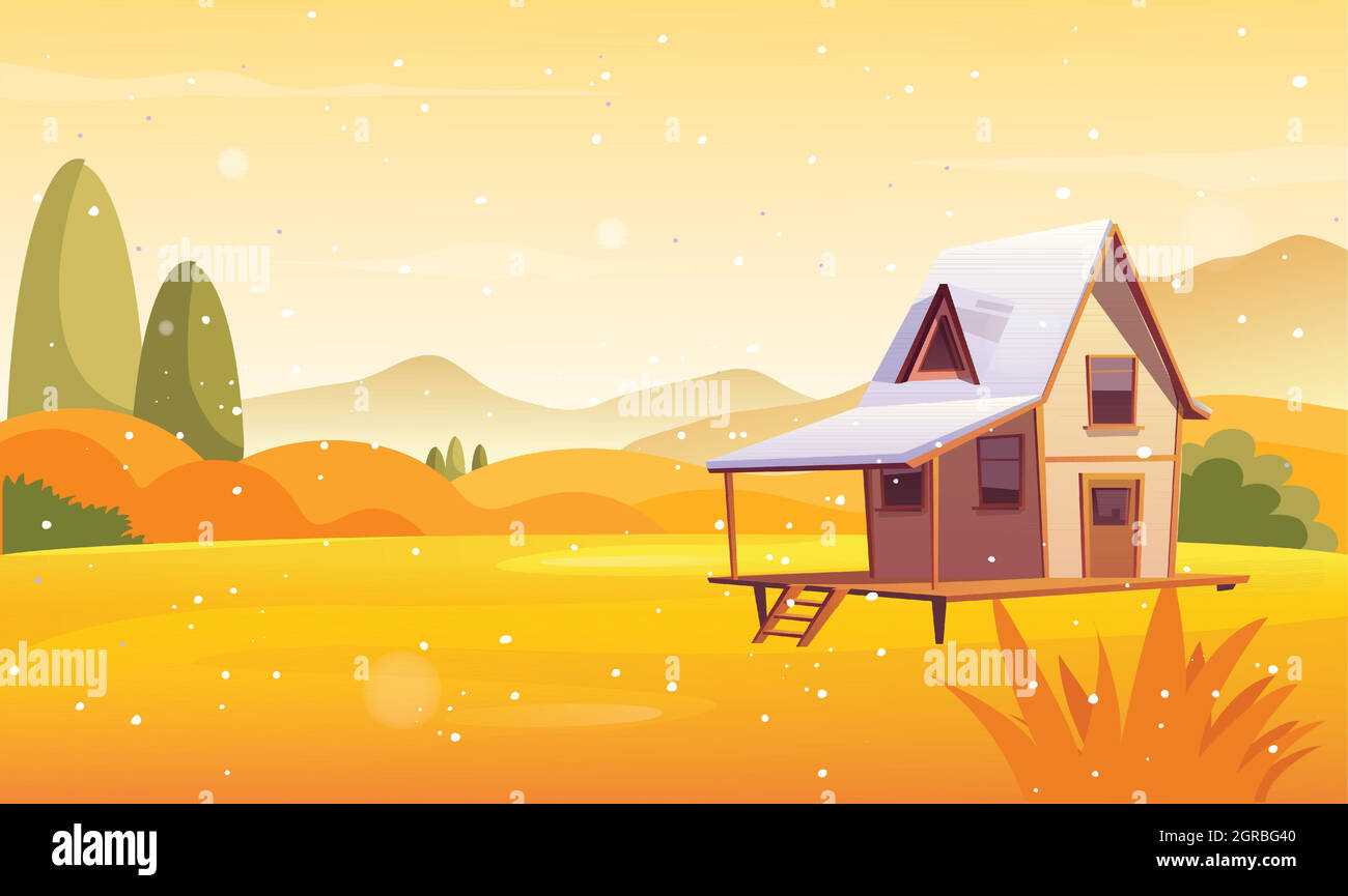 una piccola casa di legno in un bel deserto su un giorno di sole Illustrazione Vettoriale