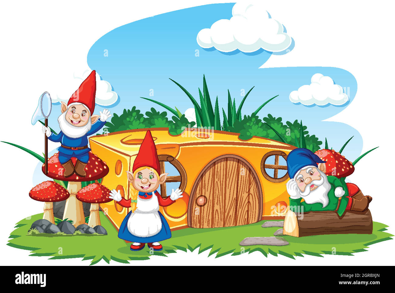 Gnomes e casa di formaggio in stile cartoon giardino su sfondo cielo Illustrazione Vettoriale