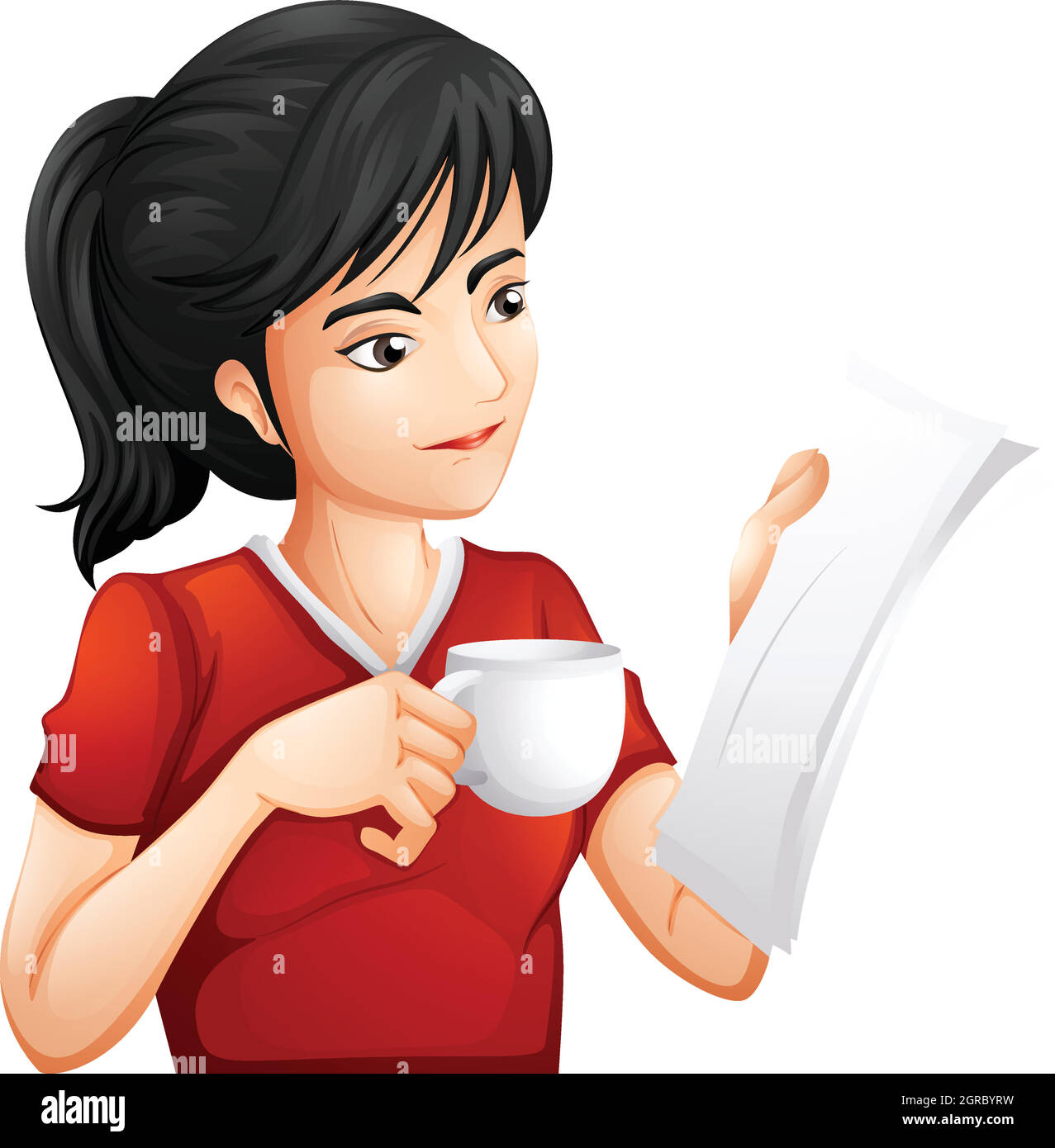 Una donna che tiene una tazza di tè mentre legge Illustrazione Vettoriale