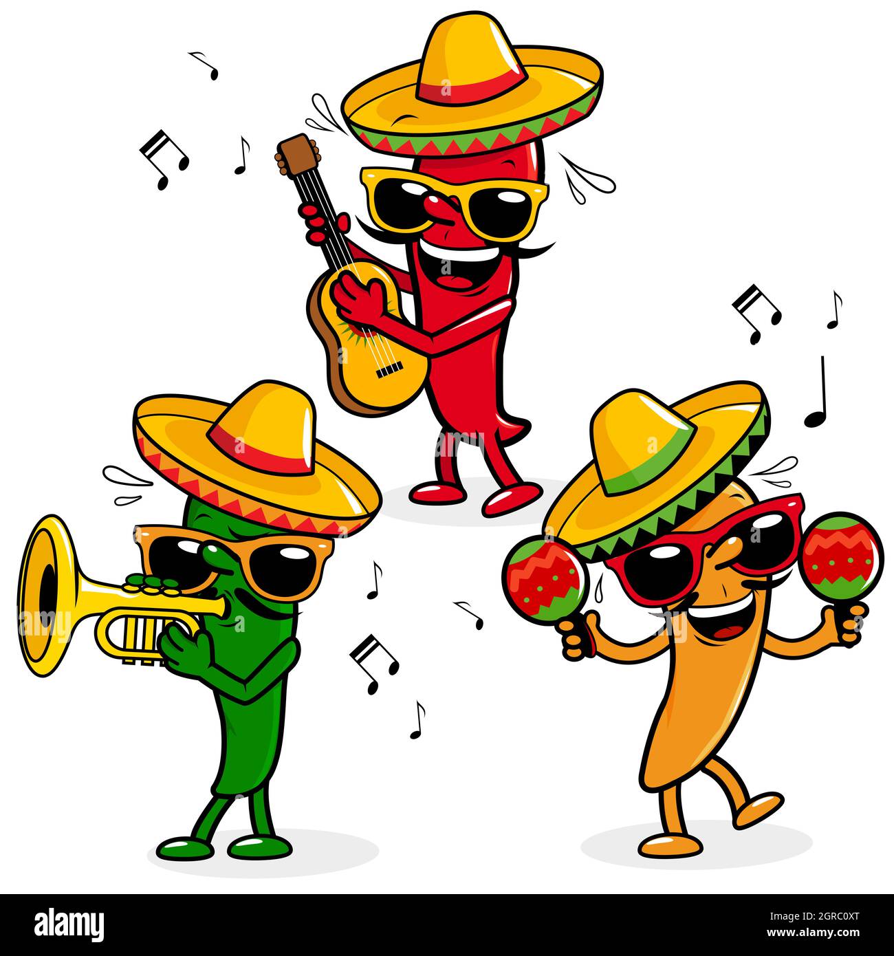 Peperoni jalapeno di peperoncino mariachi cartoni animati con cappelli sombrero, musica con maracas, chitarra e tromba. Celebrazione Cinco de Mayo. Foto Stock