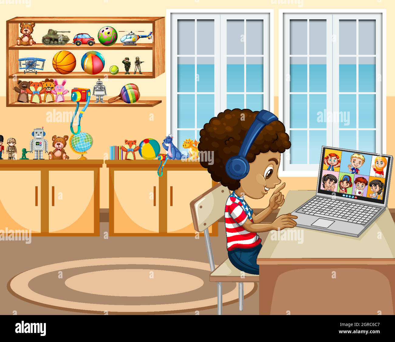 Un ragazzo comunica la videoconferenza con gli amici in salotto Illustrazione Vettoriale