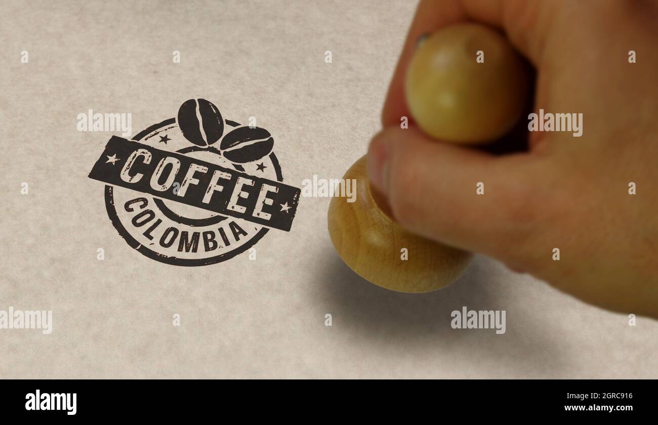 Caffè Colombia francobollo e timbratura mano. Concetto di fabbrica, produzione e paese di produzione. Foto Stock