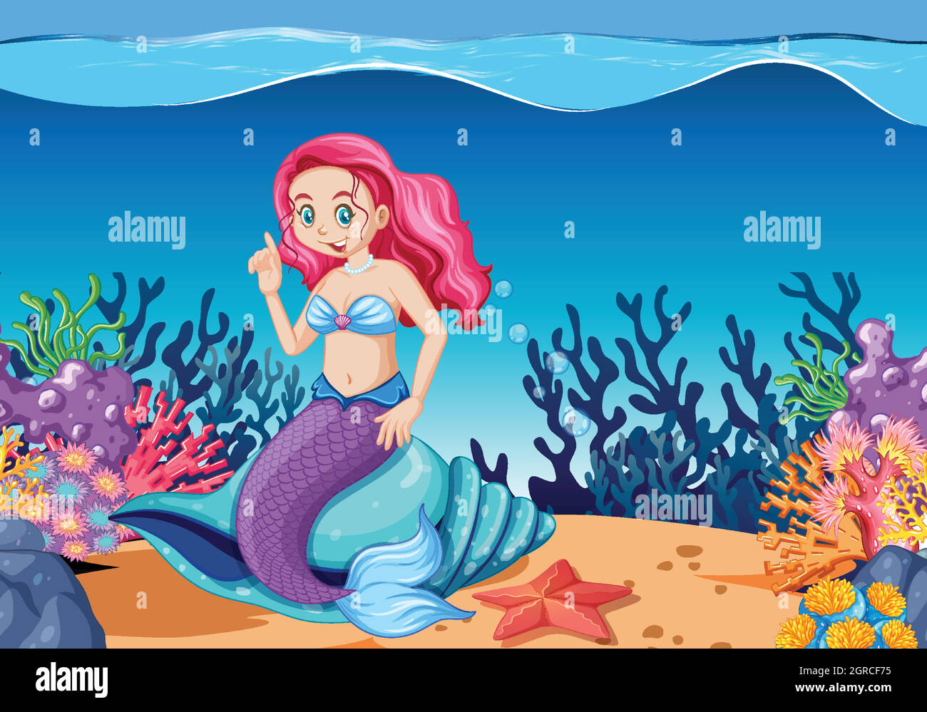 Carino fumetto sirenetta stile cartoon sotto il mare sfondo Illustrazione Vettoriale