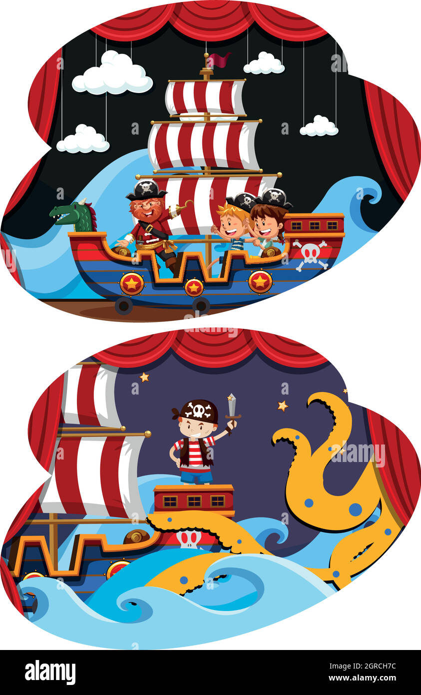 Pirata e bambini sul palco Illustrazione Vettoriale