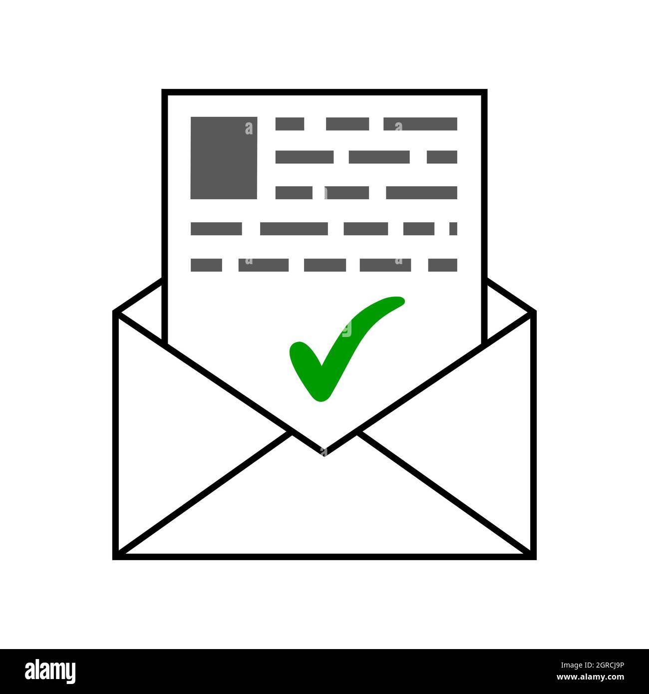 Busta con una lettera di buone notizie, una lettera con un documento verde segno di spunta approvazione Illustrazione Vettoriale