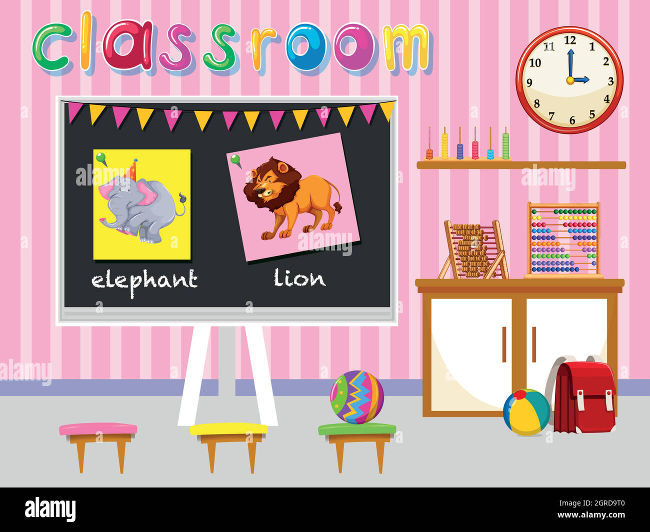 Scuola materna con asse e sedie Illustrazione Vettoriale