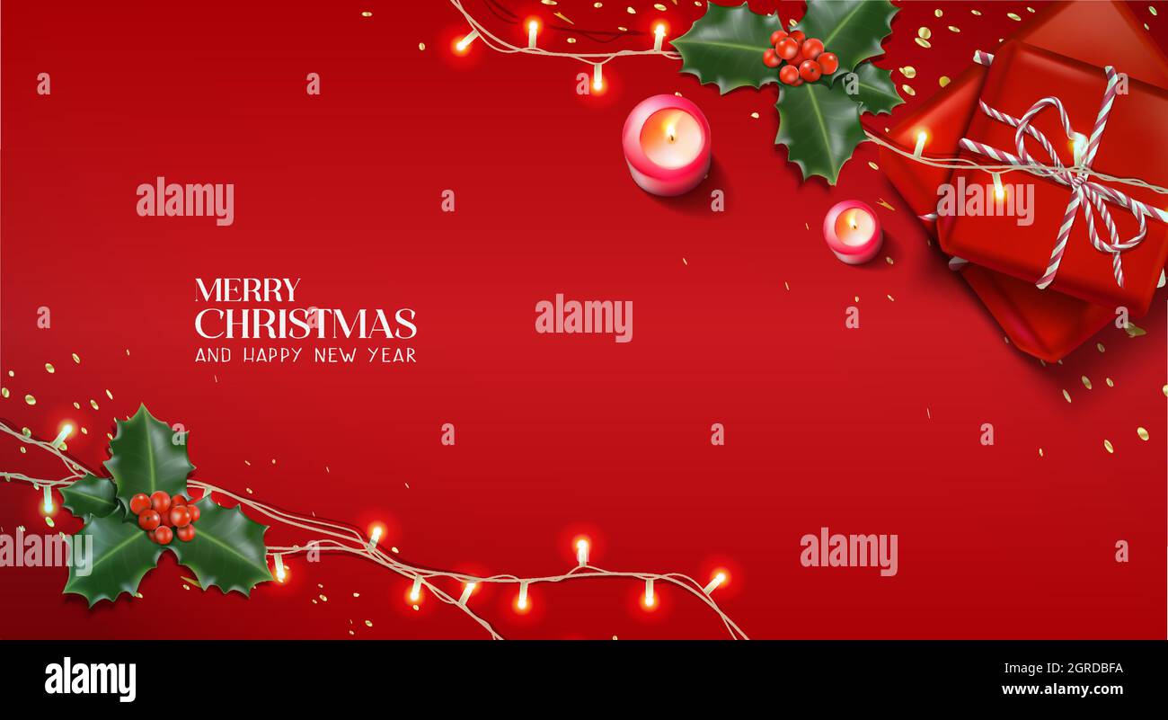 Vettore realistico Natale e Capodanno sfondo, banner, volantino, biglietto d'auguri, cartolina. Orientamento quadrato. Sfondo rosso con scatole regalo e lattiere Illustrazione Vettoriale