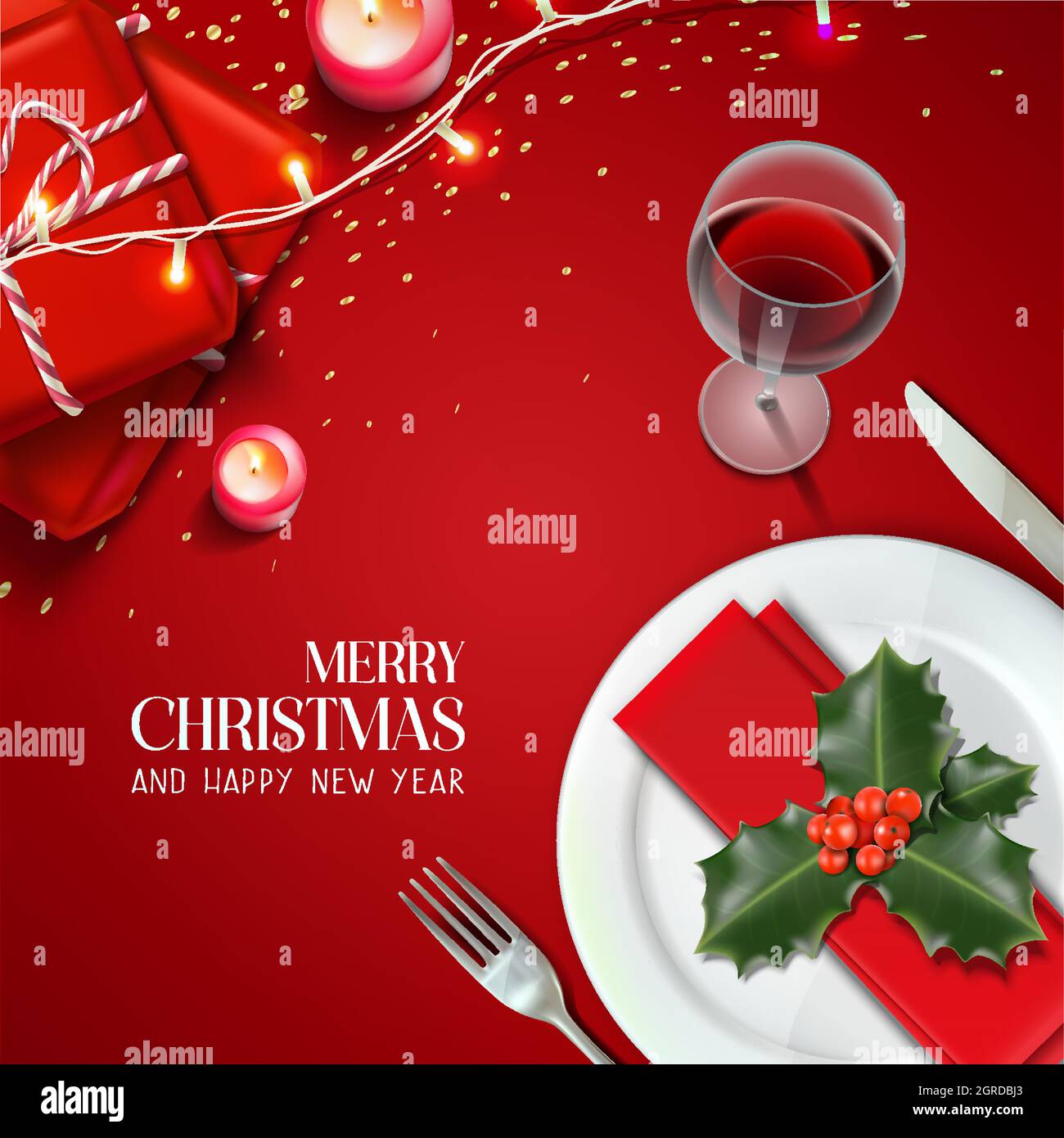 Vettore realistico Natale e Capodanno sfondo, banner, volantino, biglietto d'auguri, cartolina. Orientamento quadrato. Tavolo con fondo rosso con piatti, dinn Illustrazione Vettoriale