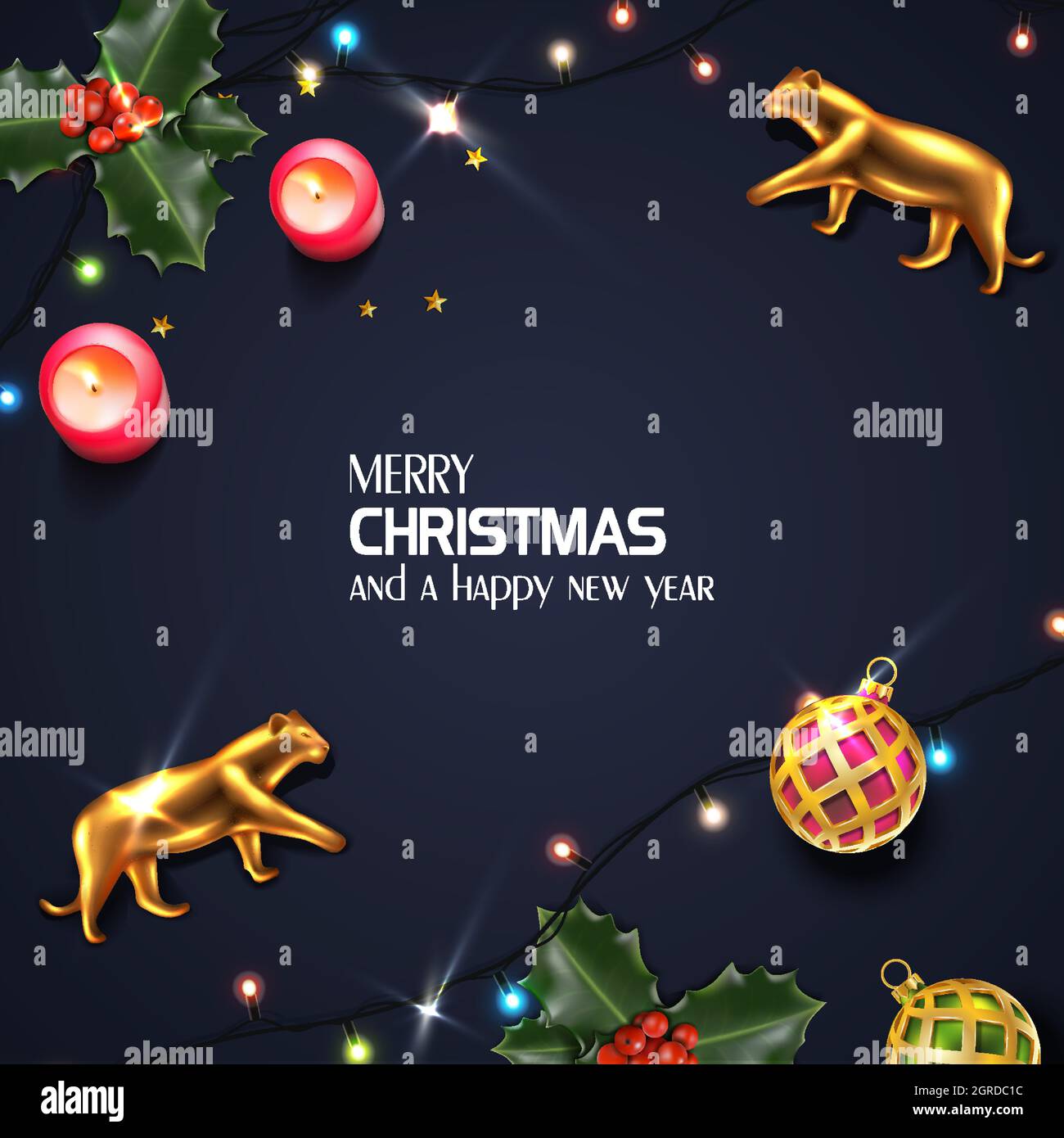 Vettore realistico Natale e Capodanno sfondo, banner, volantino, biglietto d'auguri, cartolina. Orientamento quadrato. Sfondo nero con tigri dorate e Illustrazione Vettoriale