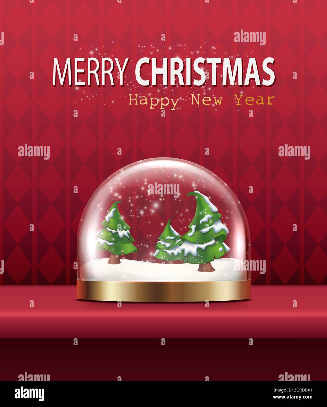 Vettore realistico Natale e Capodanno sfondo, banner, volantino, biglietto d'auguri, cartolina. Orientamento verticale. Sfondo rosso con globo di neve di vetro Illustrazione Vettoriale