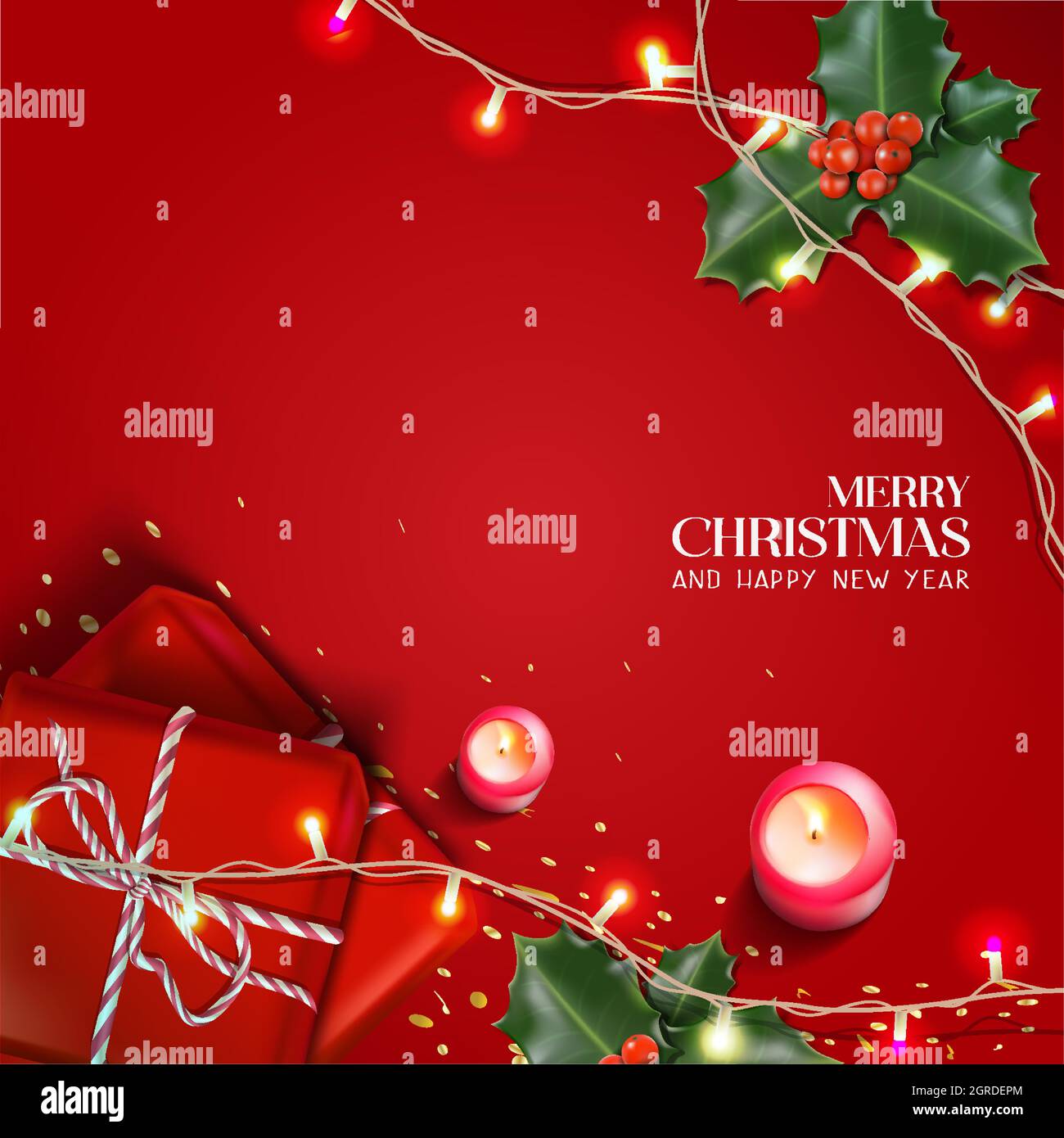 Vettore realistico Natale e Capodanno sfondo, banner, volantino, biglietto d'auguri, cartolina. Orientamento quadrato. Sfondo rosso con scatole regalo e lattiere Illustrazione Vettoriale