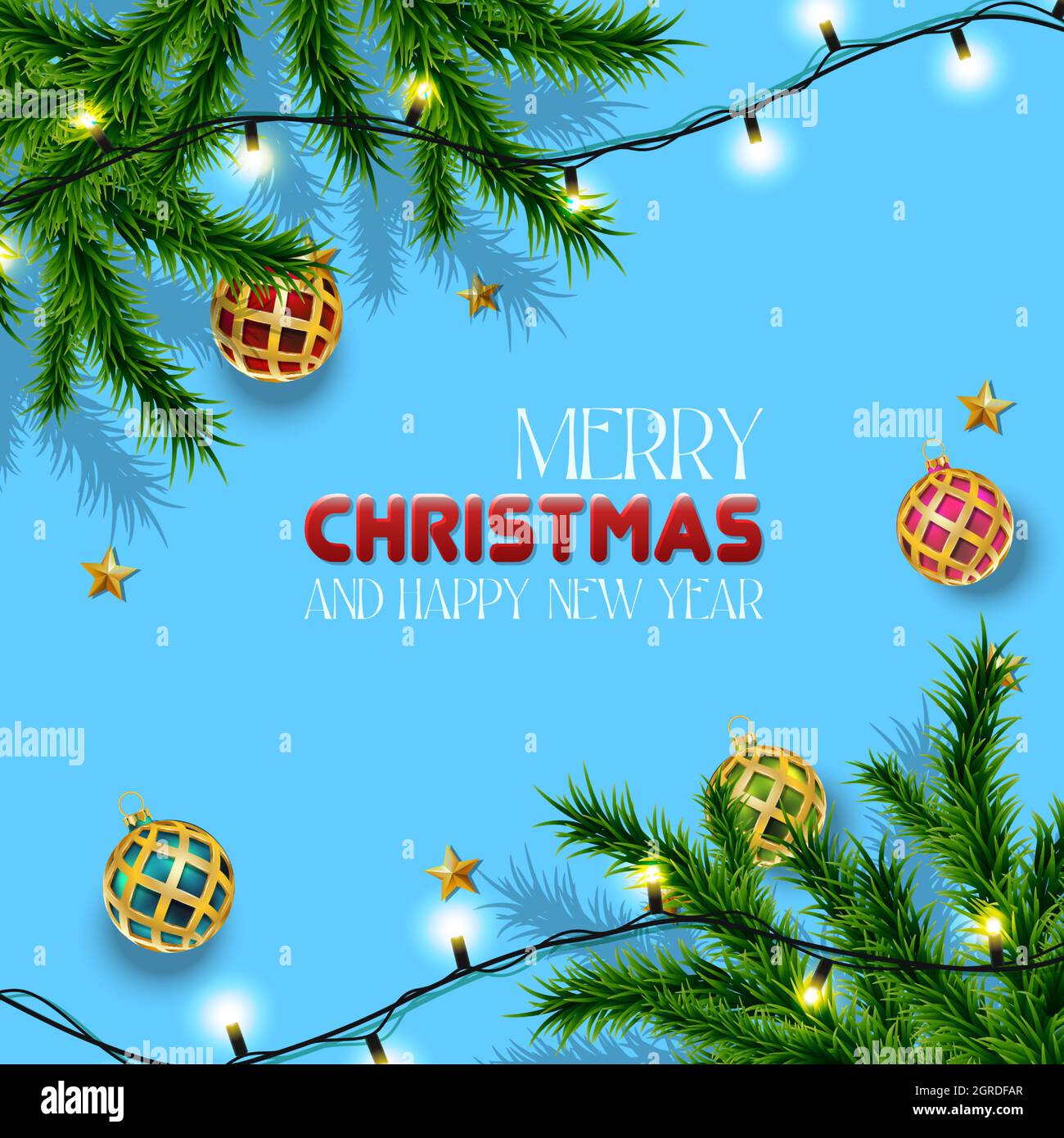 Vettore realistico Natale e Capodanno sfondo, banner, volantino, biglietto d'auguri, cartolina. Orientamento quadrato. Sfondo blu con abeti e gol Illustrazione Vettoriale