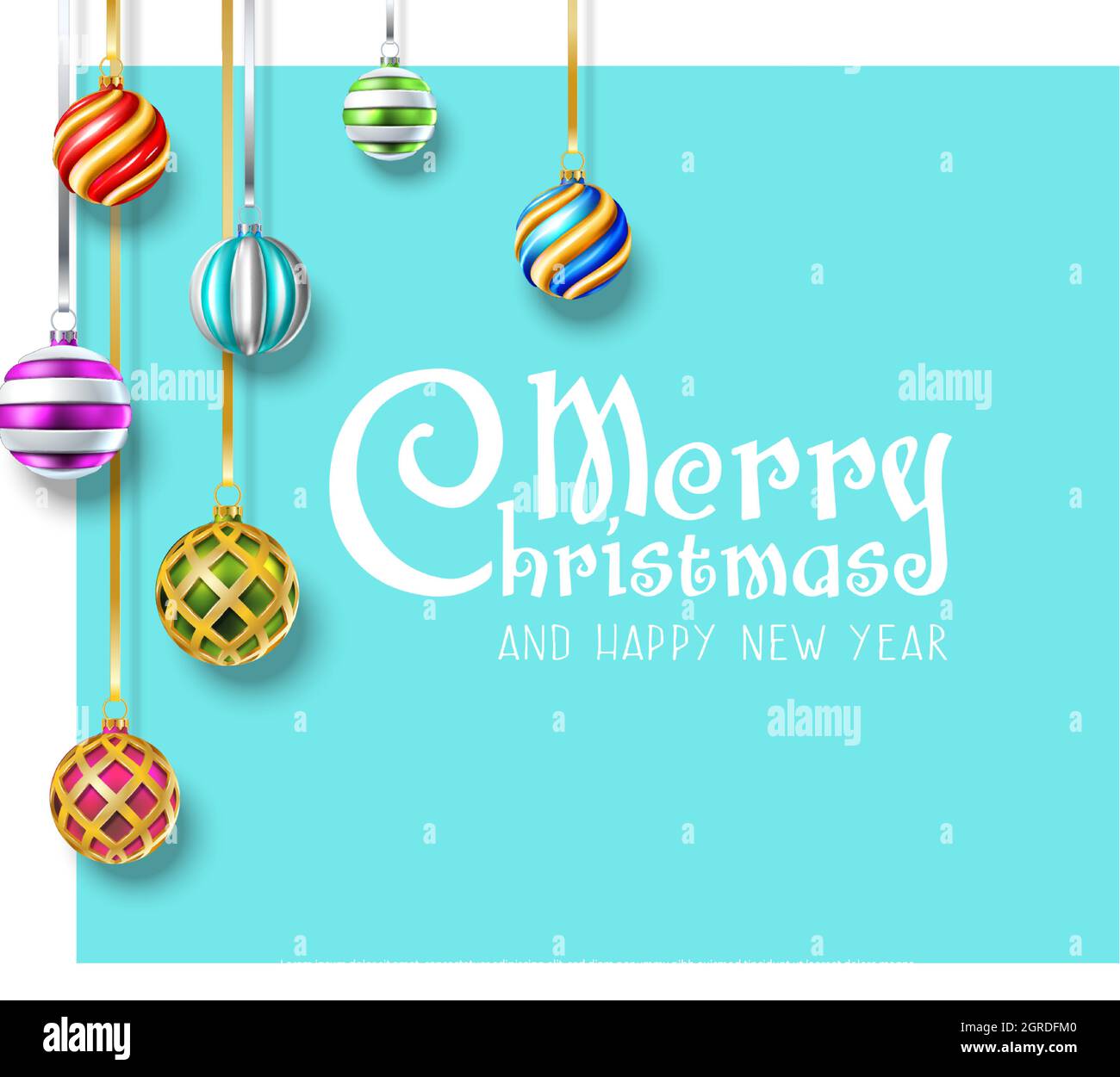 Vettore realistico Natale e Capodanno sfondo, banner, volantino, biglietto d'auguri, cartolina. Orientamento quadrato. Palle colorate Illustrazione Vettoriale