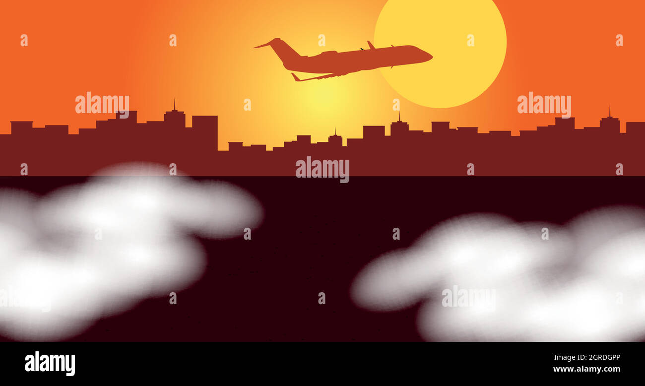 Scenografia silhouette con aeroplano che vola sulla città Illustrazione Vettoriale