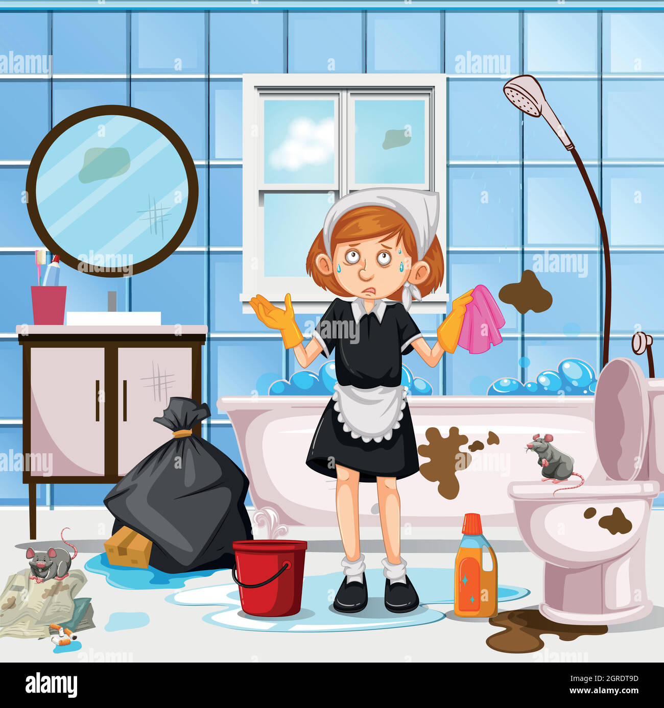 Un bagno preoccupato per la pulizia della Maid Illustrazione Vettoriale