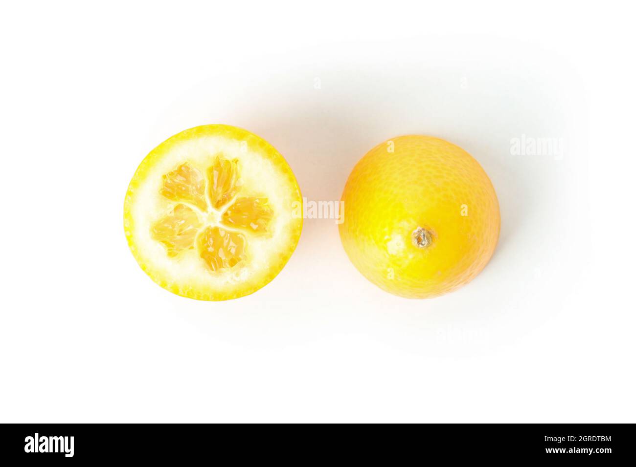 Metà di kumquat isolate su sfondo bianco. Metà di kumquat fresche tagliate, piccolo agrume isolato su bianco Foto Stock