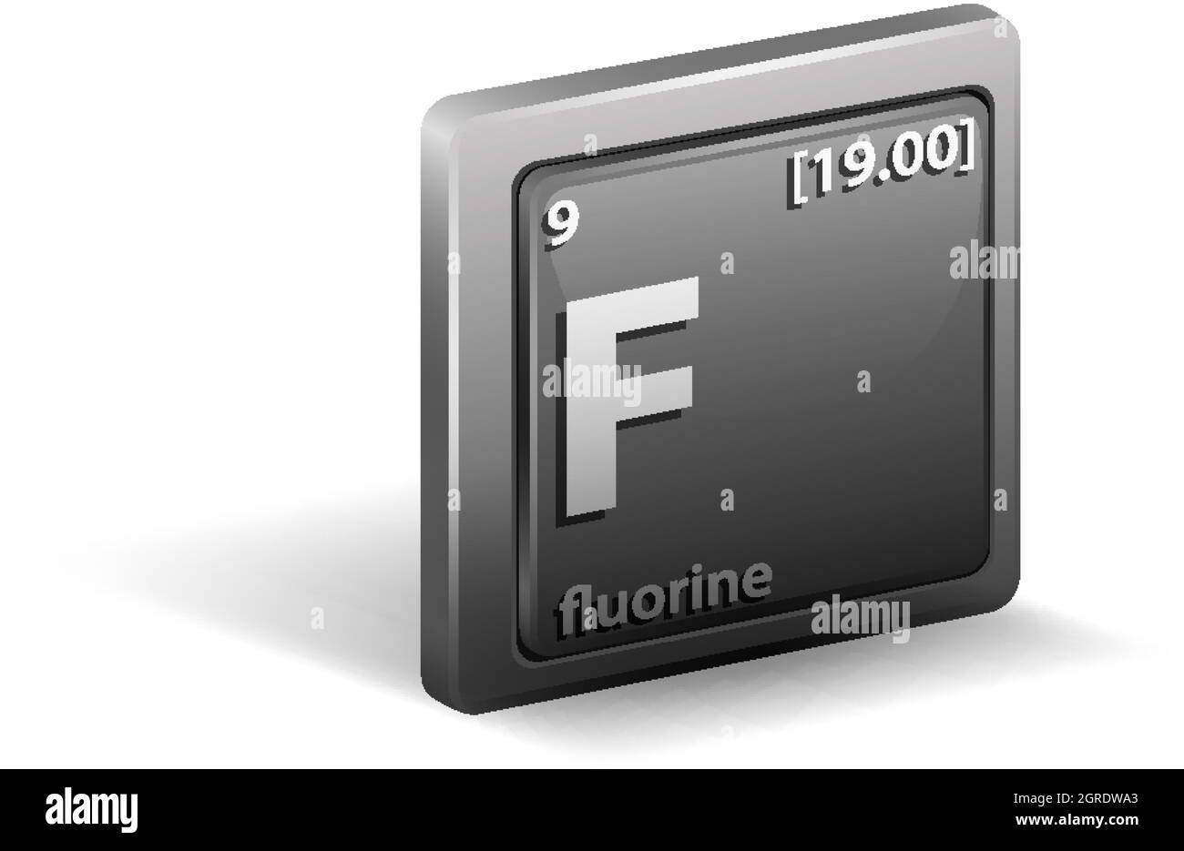 Elemento chimico di fluoro. Simbolo chimico con numero atomico e massa atomica. Illustrazione Vettoriale