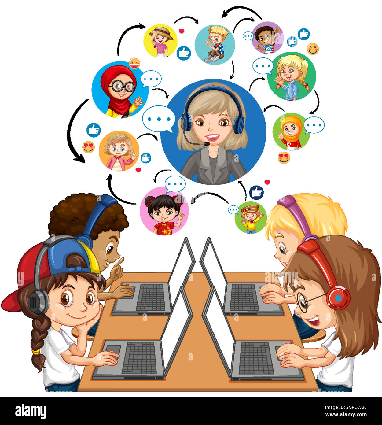 Vista laterale dei bambini che usano il laptop per comunicare la videoconferenza con l'insegnante e gli amici su sfondo bianco Illustrazione Vettoriale