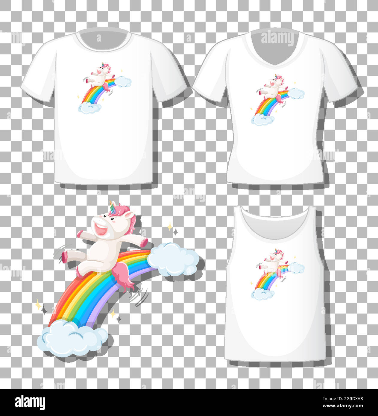 Simpatico slide unicorn sul personaggio dei cartoni animati arcobaleno con un set di camicie diverse isolate su sfondo trasparente Illustrazione Vettoriale