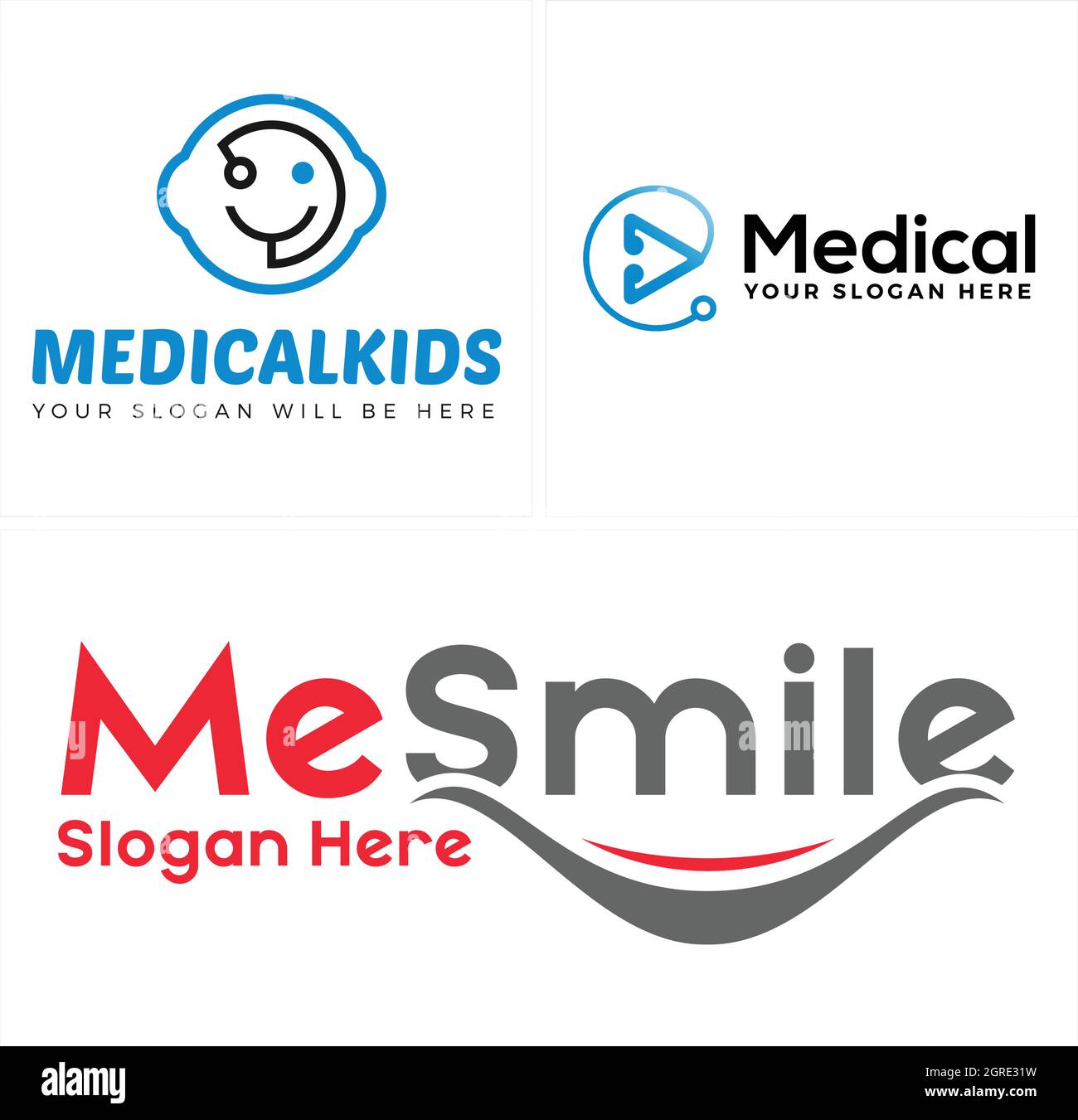 Bambini icona medica stetoscopio testa sorriso logo design Illustrazione Vettoriale