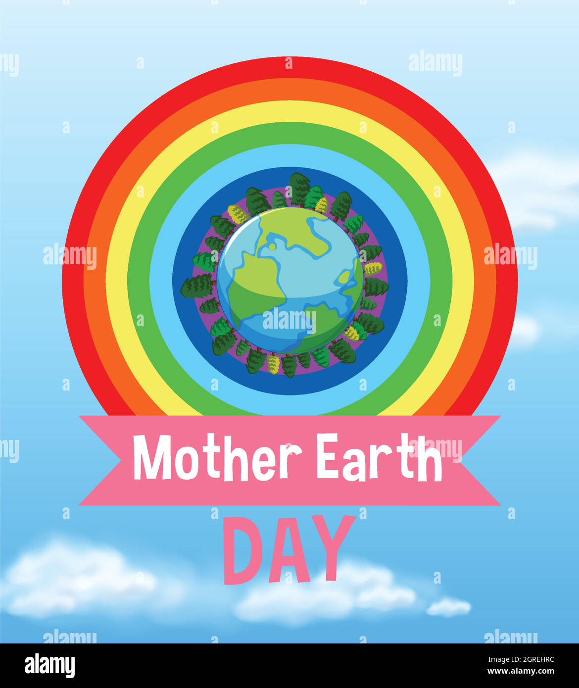 Poster design per la giornata della madre terra con terra blu e arcobaleno Illustrazione Vettoriale