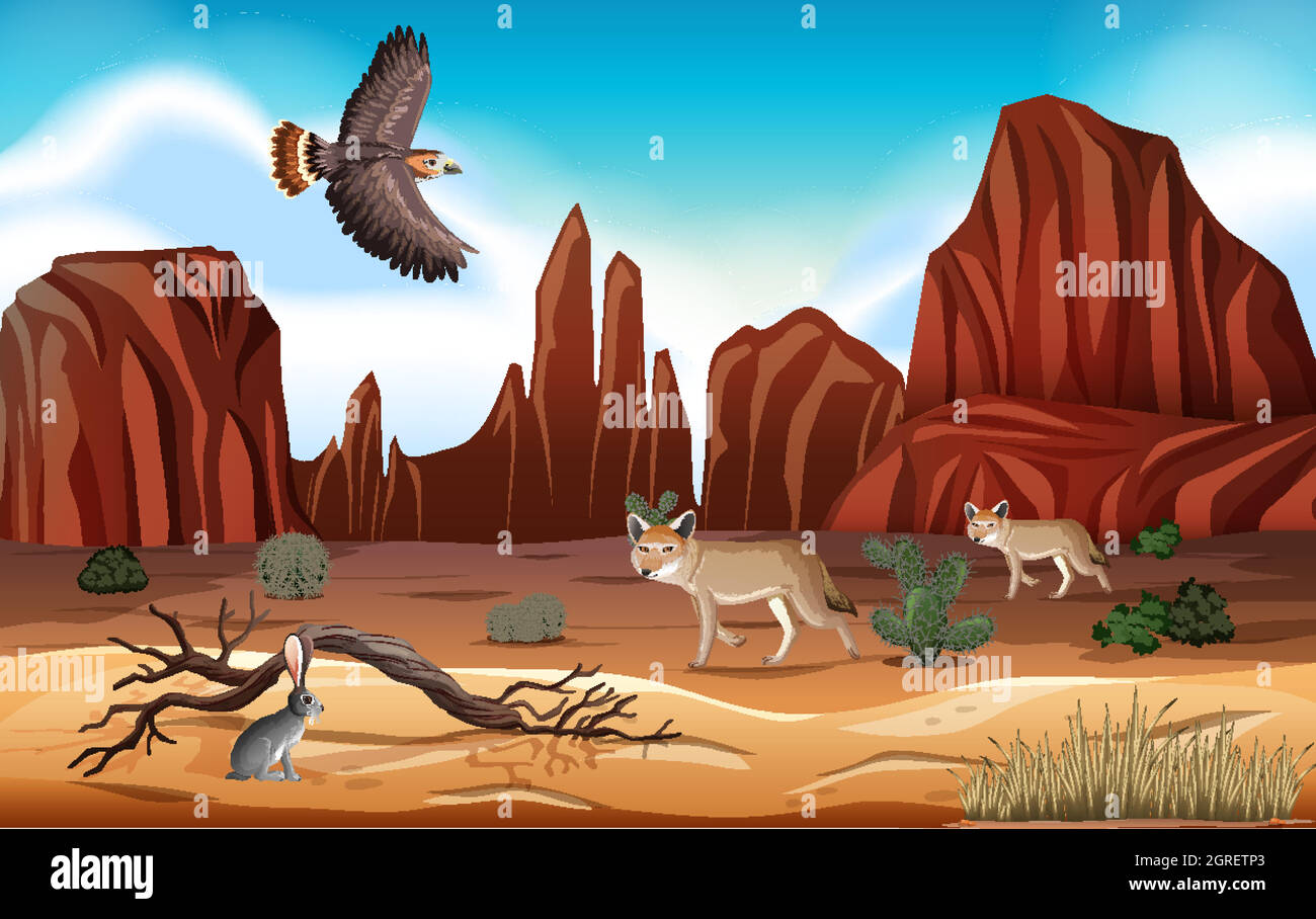 Deserto con montagne rocciose deserto animali paesaggio nella scena del giorno Illustrazione Vettoriale