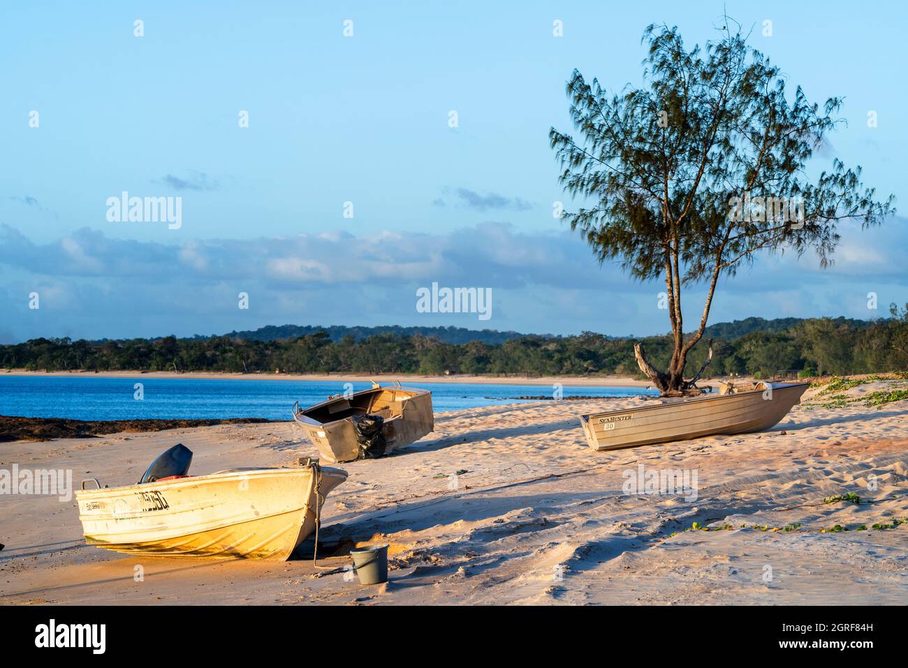 Barche da pesca a Alau Beach, Alau Beach Campground, Umagico, Cape York Peninsula, North Queensland Foto Stock
