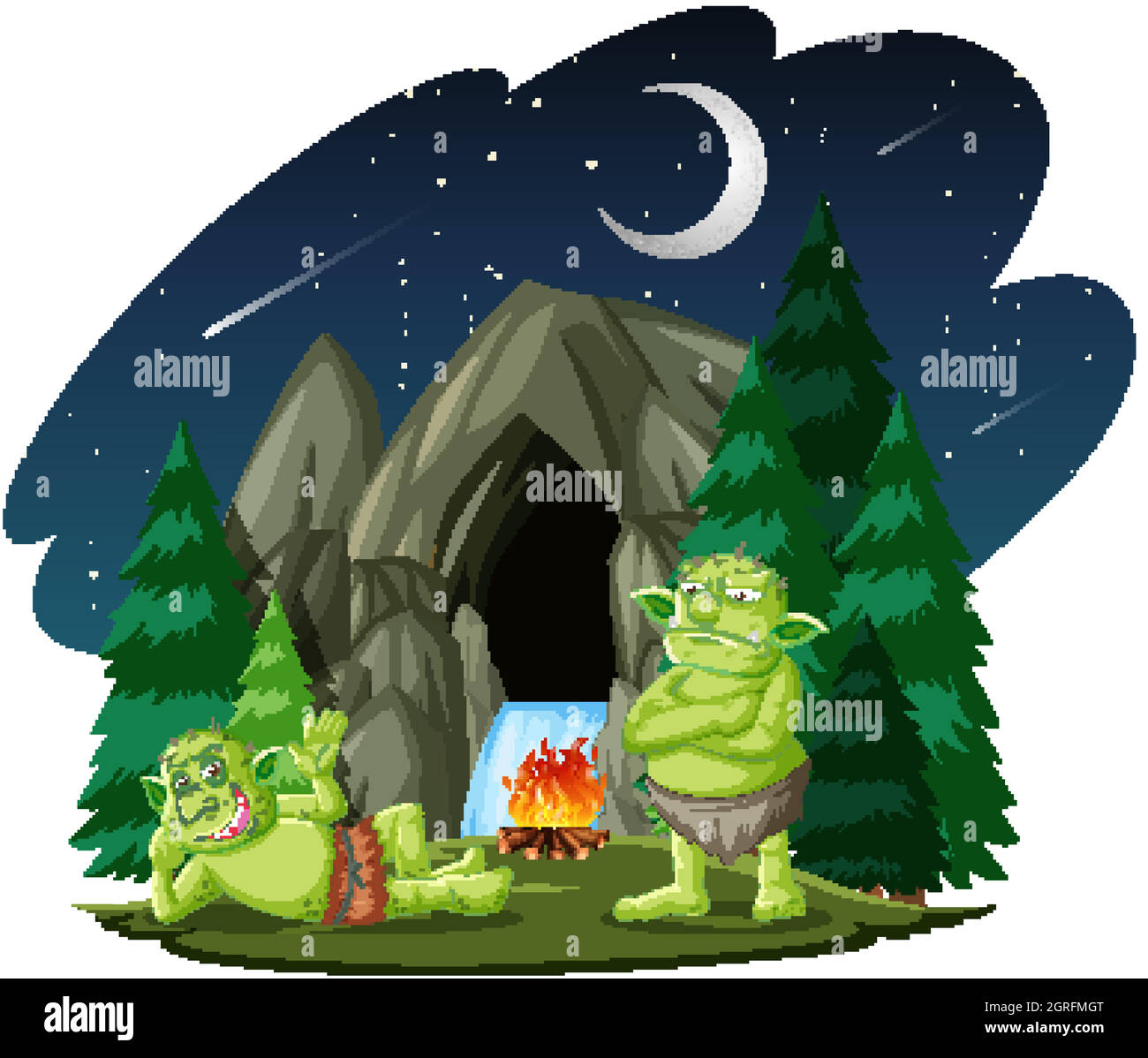 Goblin o troll con pietra grotta cartoon stile isolato su sfondo bianco Illustrazione Vettoriale