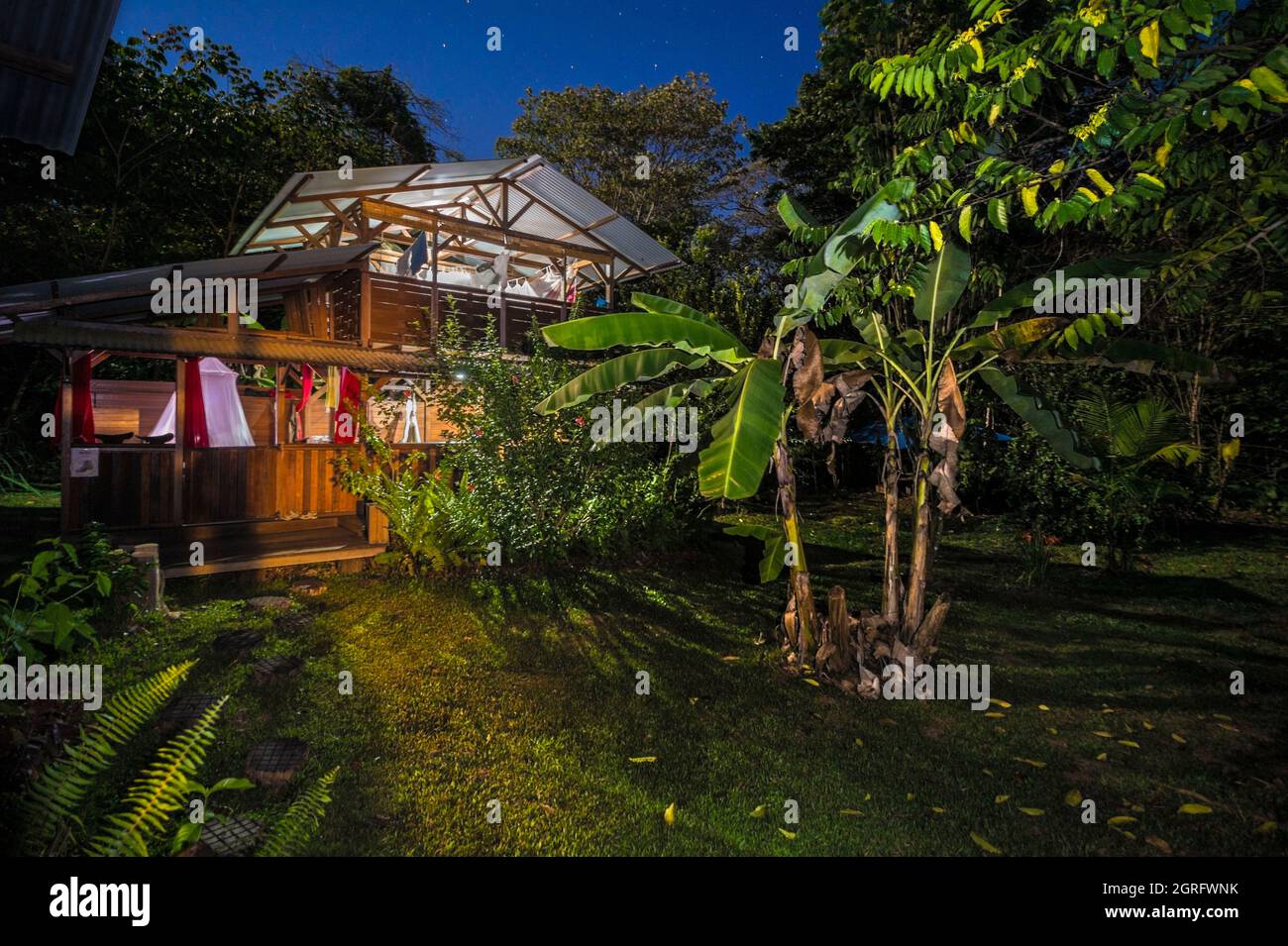 Francia, Guyana francese, Saül, Parc Amazonien de Guyane, Relais du Fromager, sistemazione insolita, in una notte stellata Foto Stock