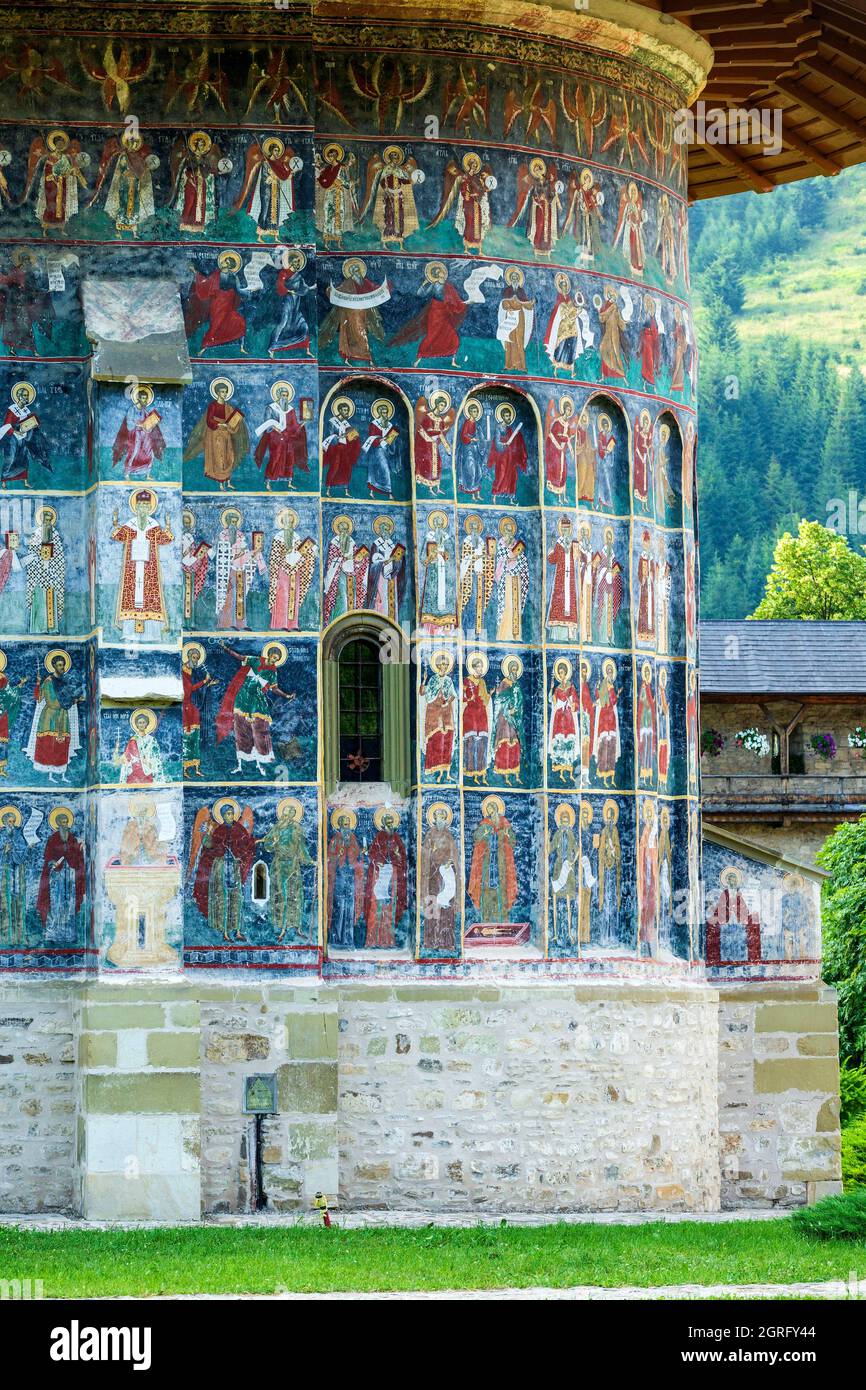 Romania, Bucovina, Sucevita, monastero di Sucevita, pittura murale Foto Stock