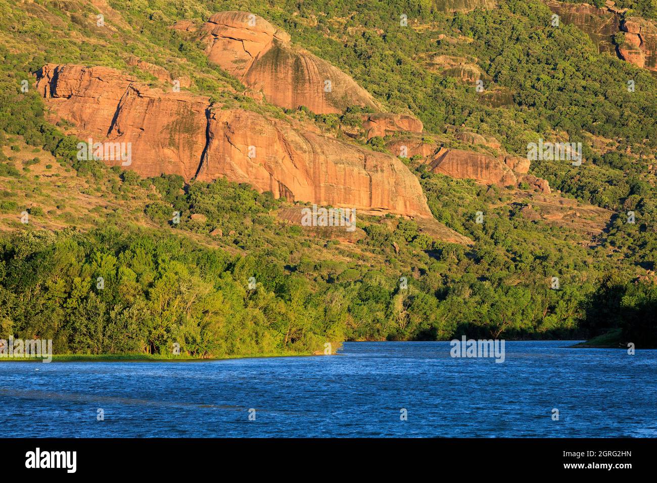 Francia, Var, Roquebrune sur Argens, Arena lago con il fiume Argens, roccia di Roquebrune Foto Stock