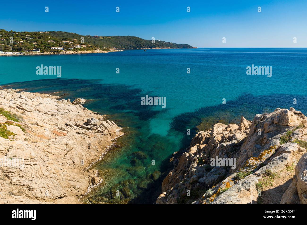 Francia, Var, penisola di Saint Tropez, Ramatuelle, costa della baia di Bonporteau, insenatura Foto Stock
