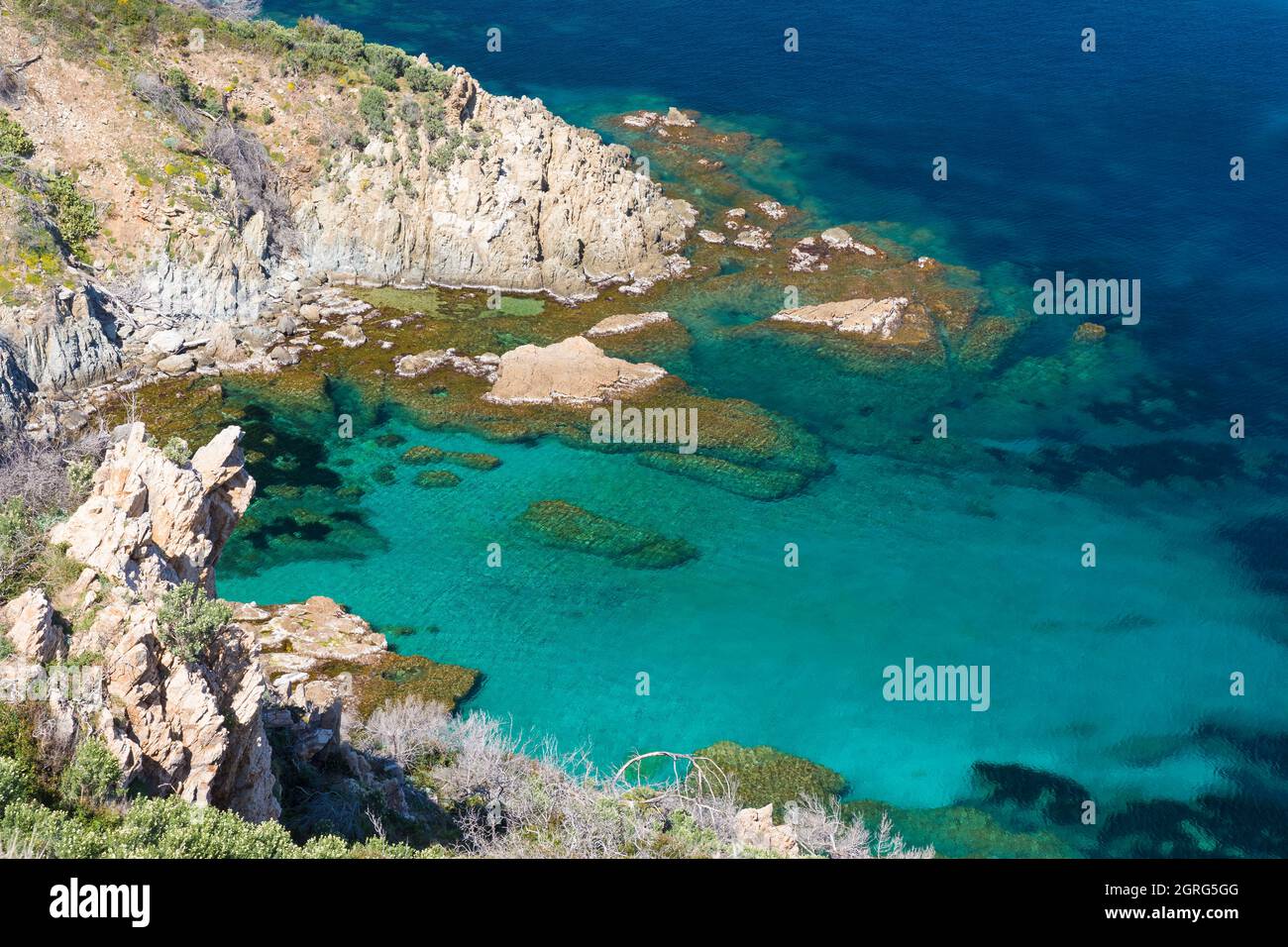 Francia, Var, penisola di Saint Tropez, Ramatuelle, costa della baia di Bonporteau, insenatura Foto Stock