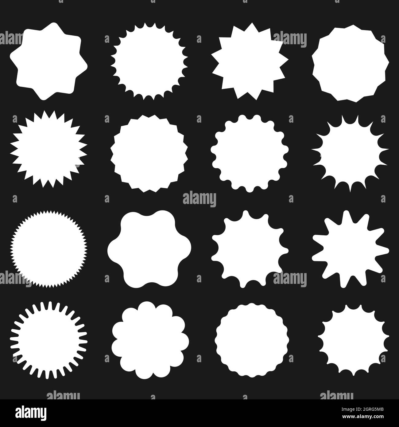 Collezione di etichette bianche per lo shopping. Adesivo di vendita o sconto. Prezzo dell'offerta speciale. Badge promozionale supermercato. Icona sunburst vettoriale. Illustrazione Vettoriale