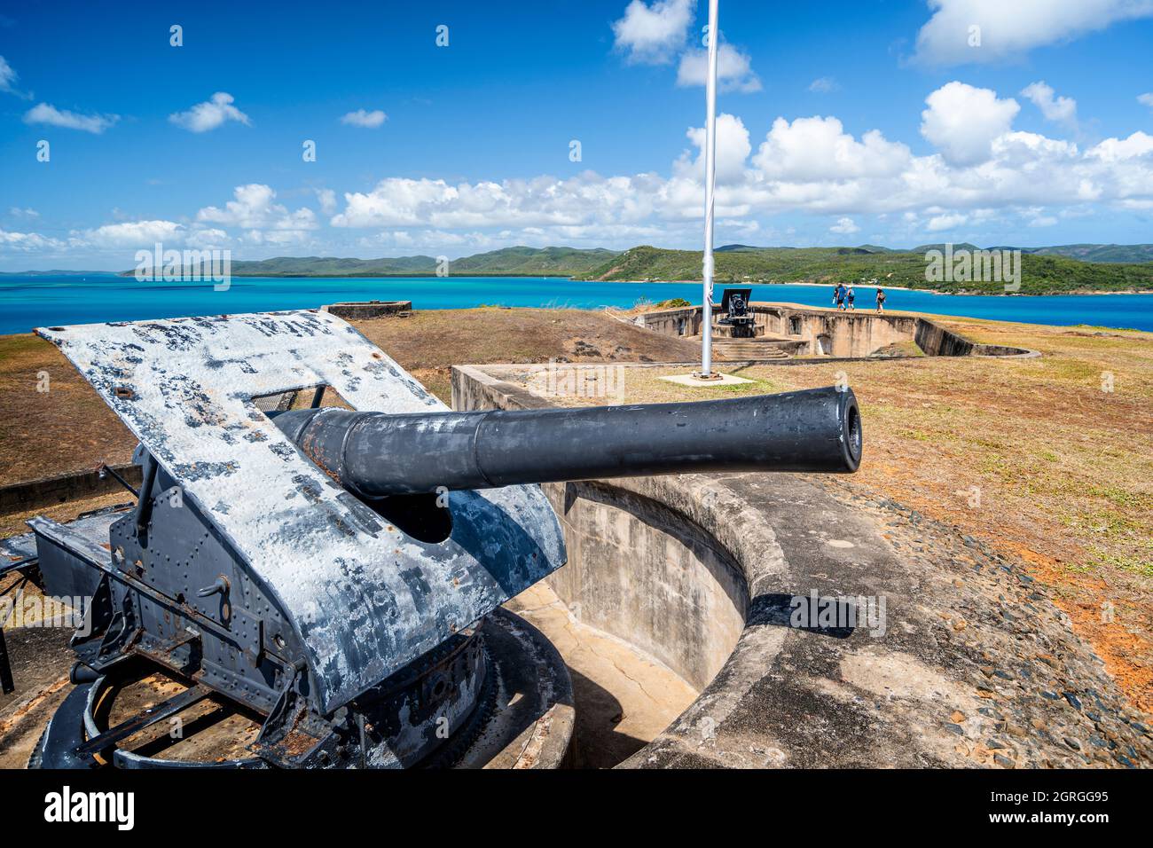 înch pistola in posizionamento pistola, Green Hill Fort Museum, Thursday Island, Torres Straits, far North Queensland, Australia Foto Stock