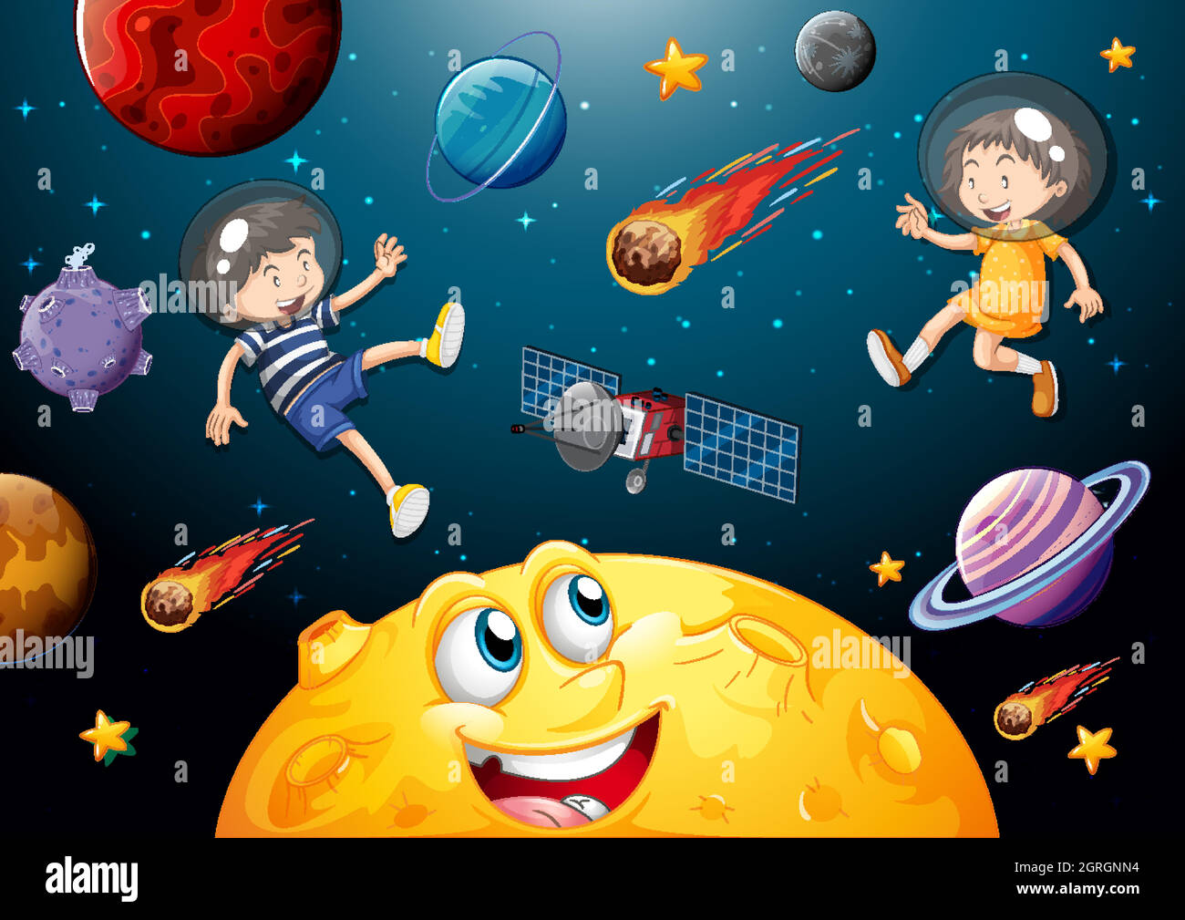 Luna con volto felice sullo sfondo del tema della galassia spaziale Illustrazione Vettoriale