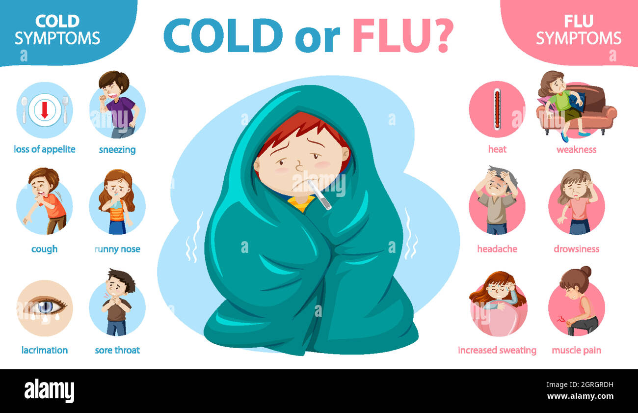 Infografica medica di sintomi di raffreddore e influenza Illustrazione Vettoriale