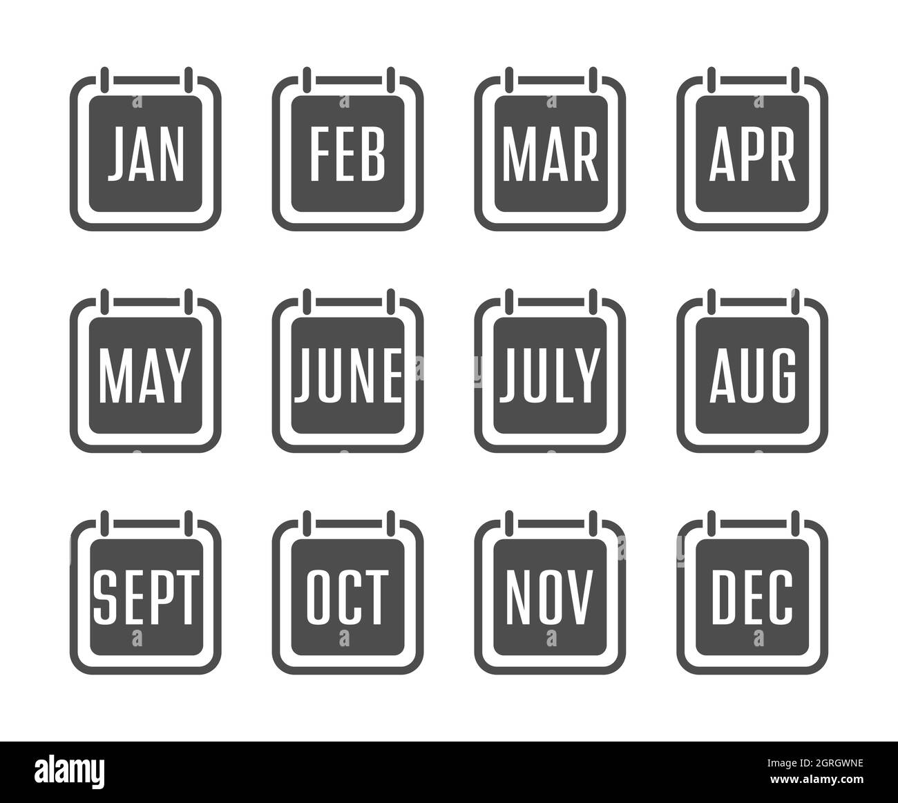set di icone del calendario con i nomi dei mesi dell'anno. Un calendario con i nomi dei mesi dell'anno. Stile piatto. Illustrazione Vettoriale